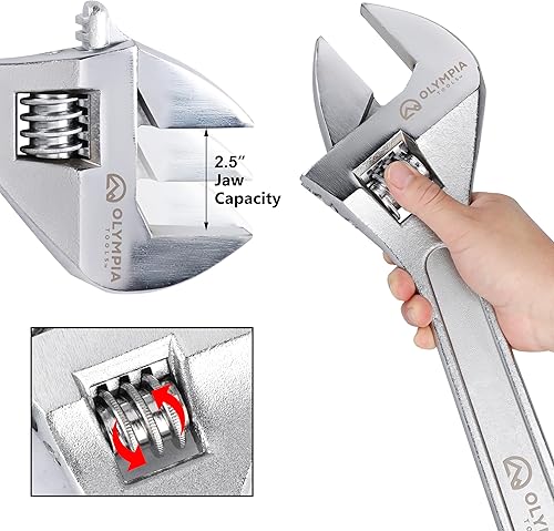 Vista 18 de Olympia Tools Llave ajustable de 15 pulgadas, acero forjado de alta resistencia, cromado, mandíbulas mecanizadas de precisión, resistente a