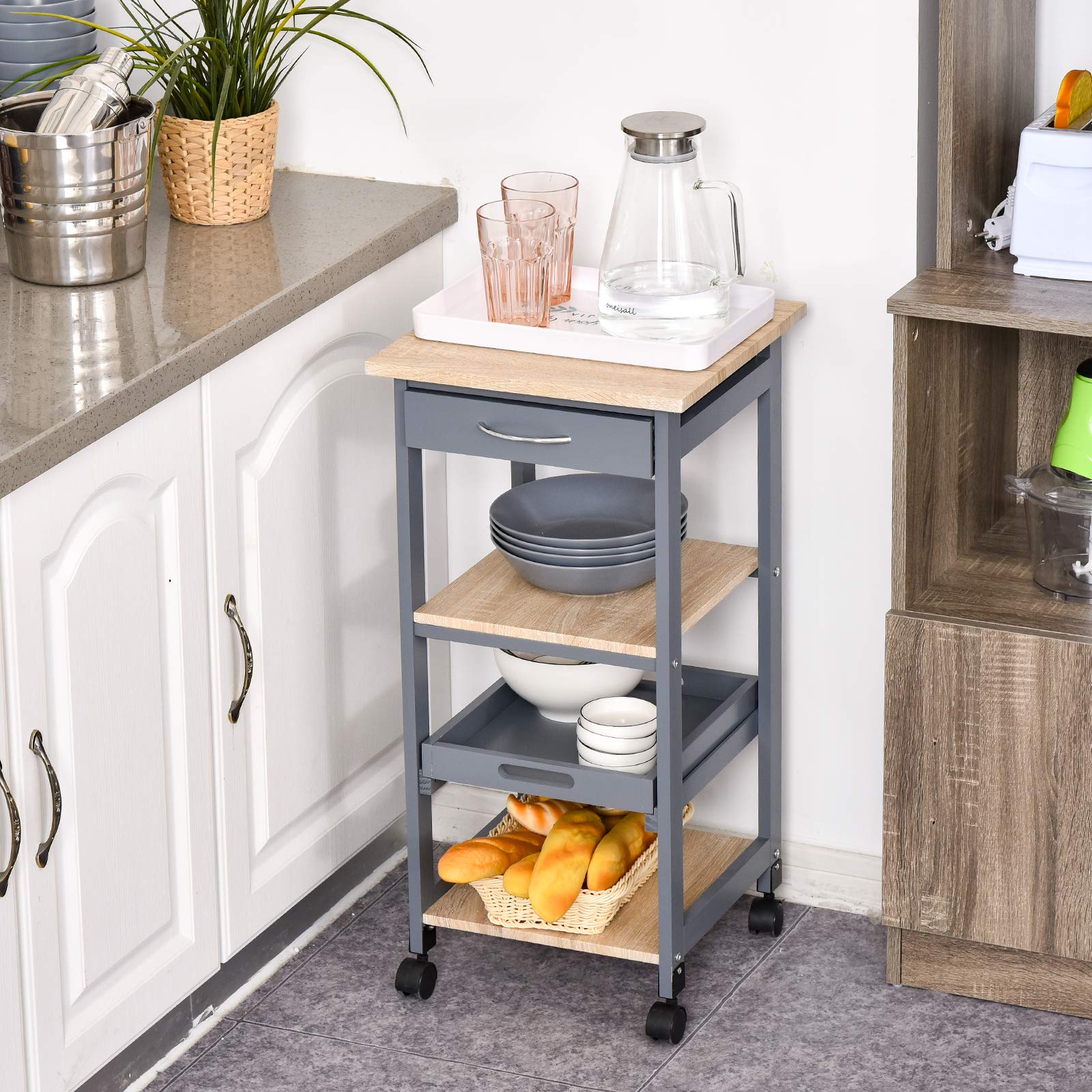 HOMCOM Carrello da Cucina Portavivande con Cassetto, 2 Ripiani e Vassoio Estraibile, Isola da Cucina in Legno 37x37x76cm, Grigio