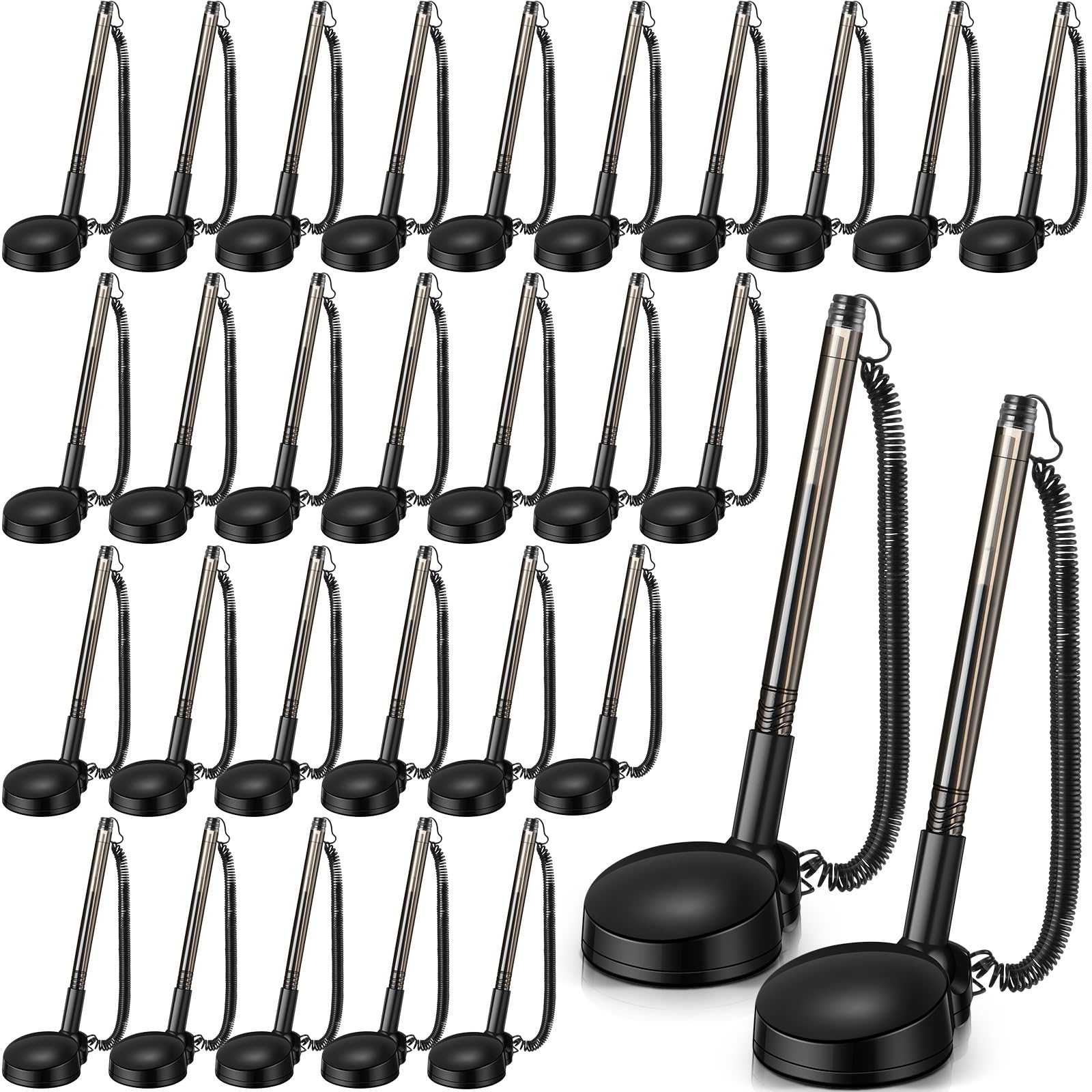 30 Pack Secure Pen with Adhesive Chain and Holder Counter Pen with Chain and Base for Home Workplace Office School Supplies, Black