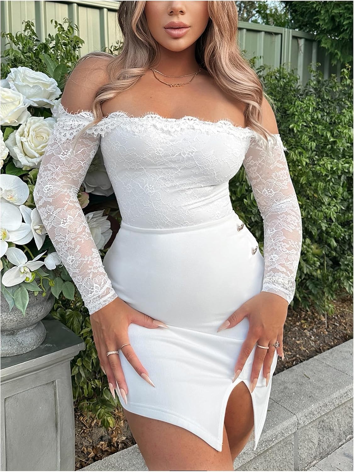 WDIRARA Women's Off Shoulder Floral Lace Bodysuit Mesh Long Sleeve Leotard Top