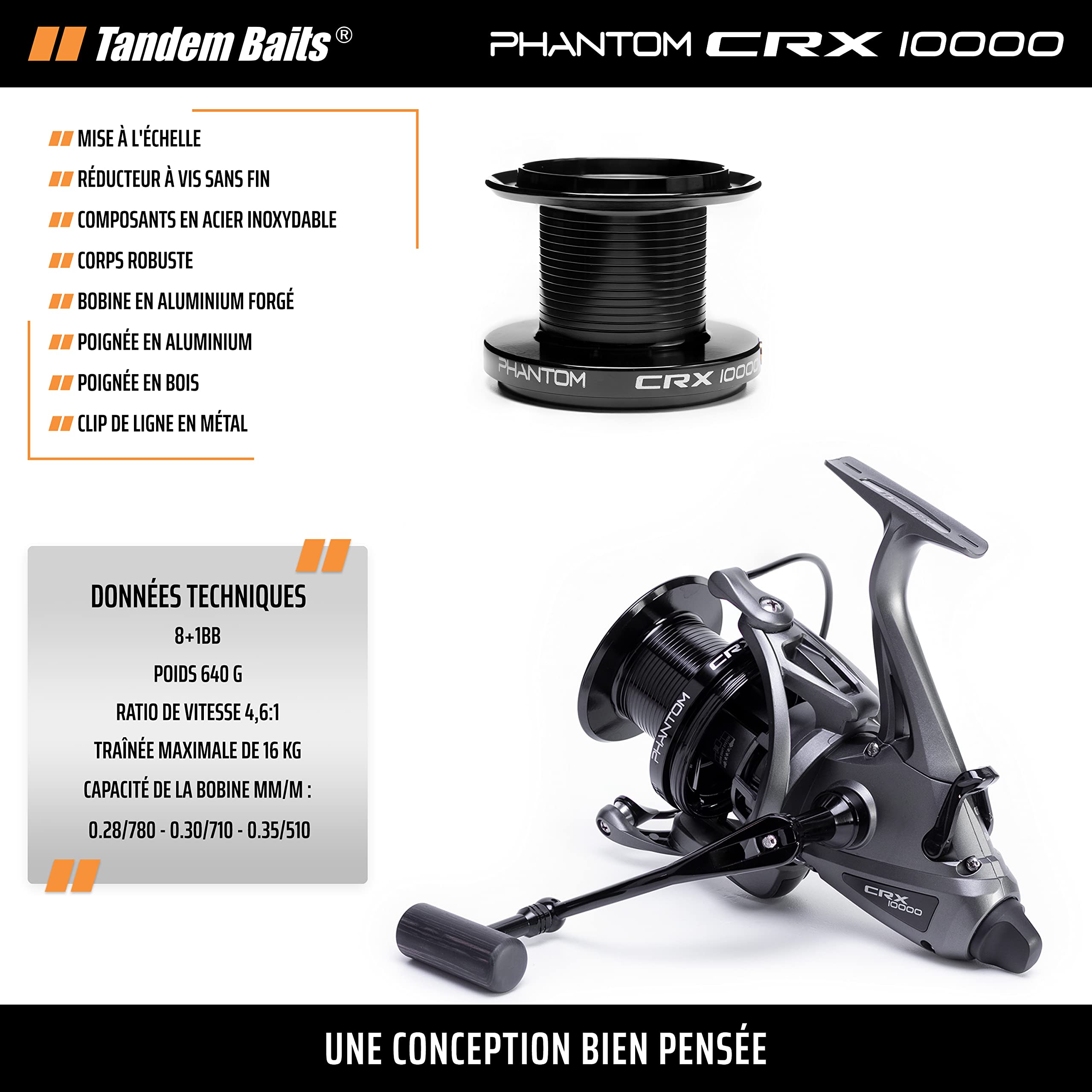 Moulinet De Pêche Tandem Baits Phantom CRX10000 – 8+1 Roulements, Frein 16 Kg, Anti-torsion, Bobine Libre, Engrenage Sans Fin – Pour Carpe Et Gros Poissons