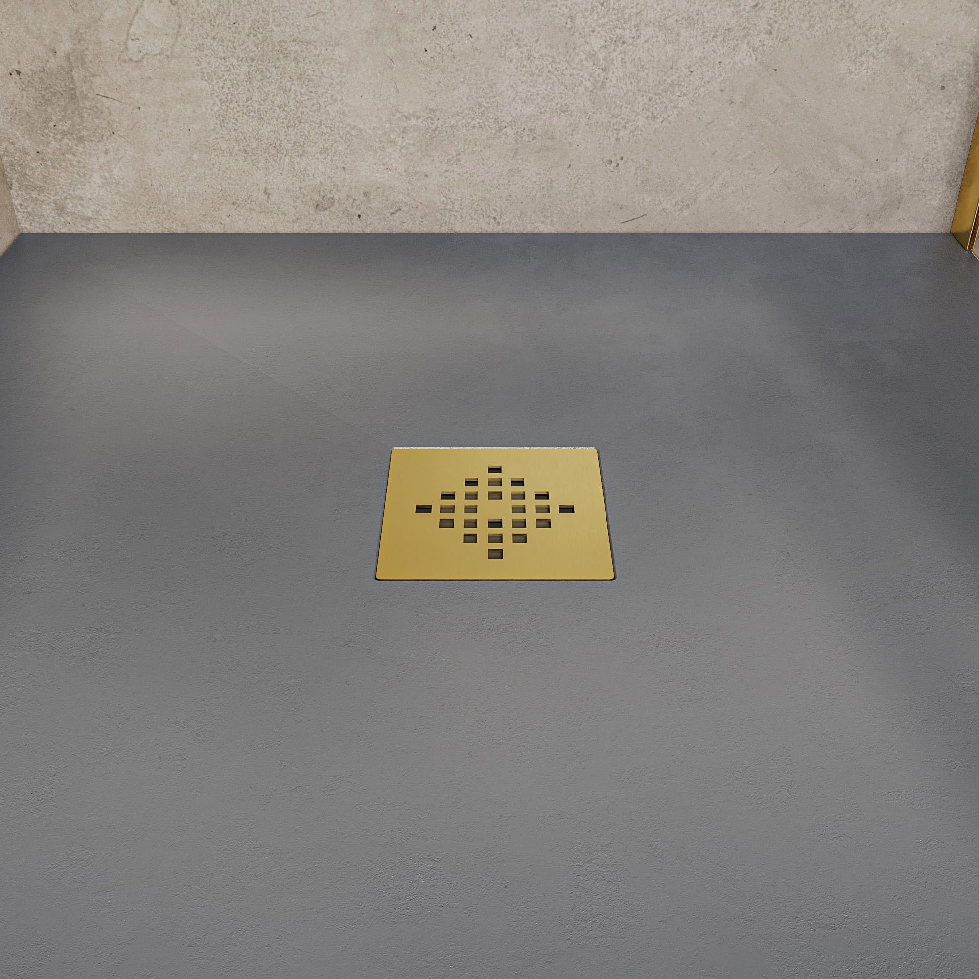 SoulHome Plato de Ducha Resina 210x90 Cemento - Rejilla Dorada | Antideslizante C3, Extraplano, Resina y carga mineral, Textura Liso Piedra, Antibacteriano, Gel-coat, Incluye válvula desagüe
