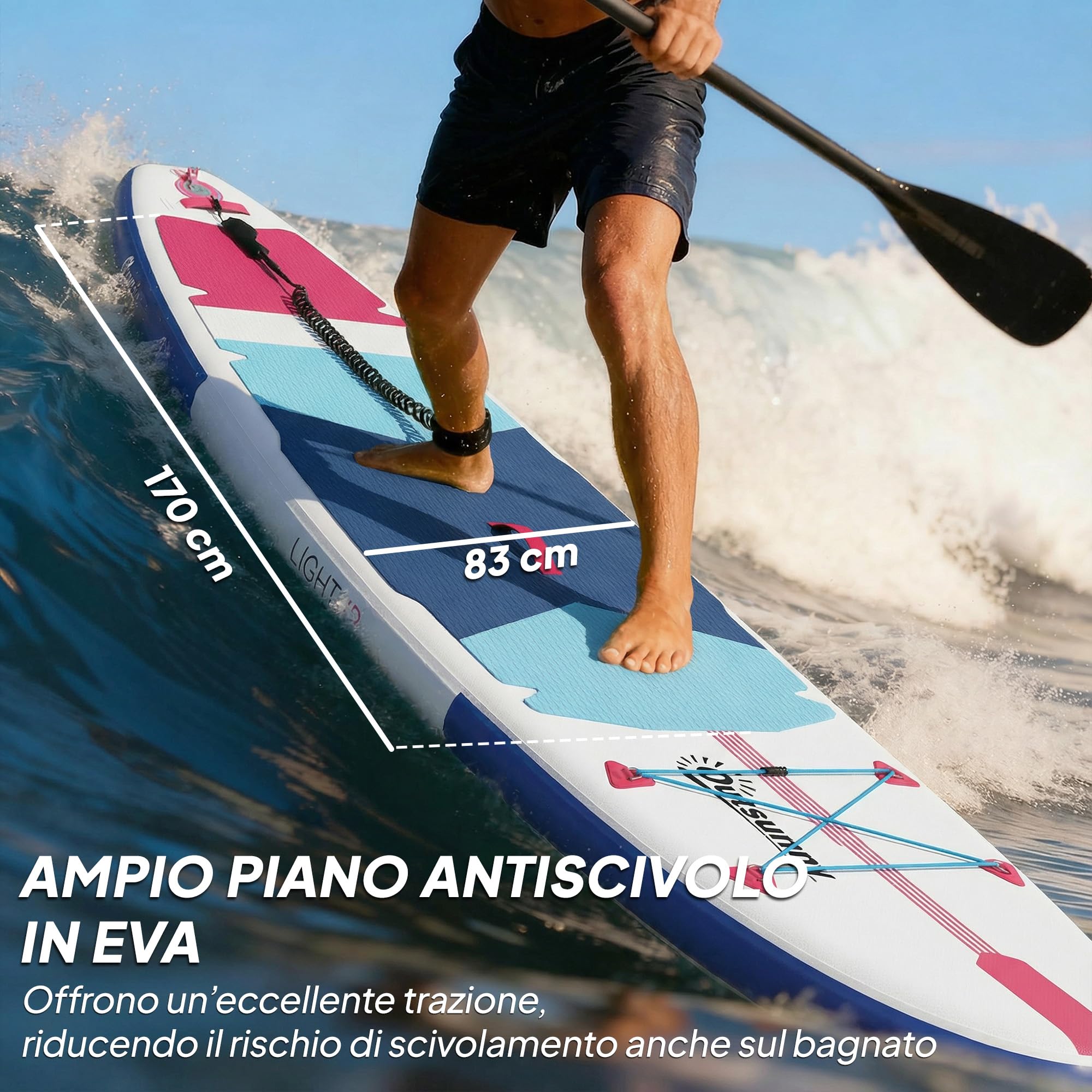 Outsunny Tavola Sup Gonfiabile Adulti, Stand Up Paddle Board con Ponte Antiscivolo in EVA, Pagaia in Alluminio Regolabile, Zaino, Pompa, Pinna Rimovibile, Carico 160 kg, 305x89x15cm, Tutti i Livelli