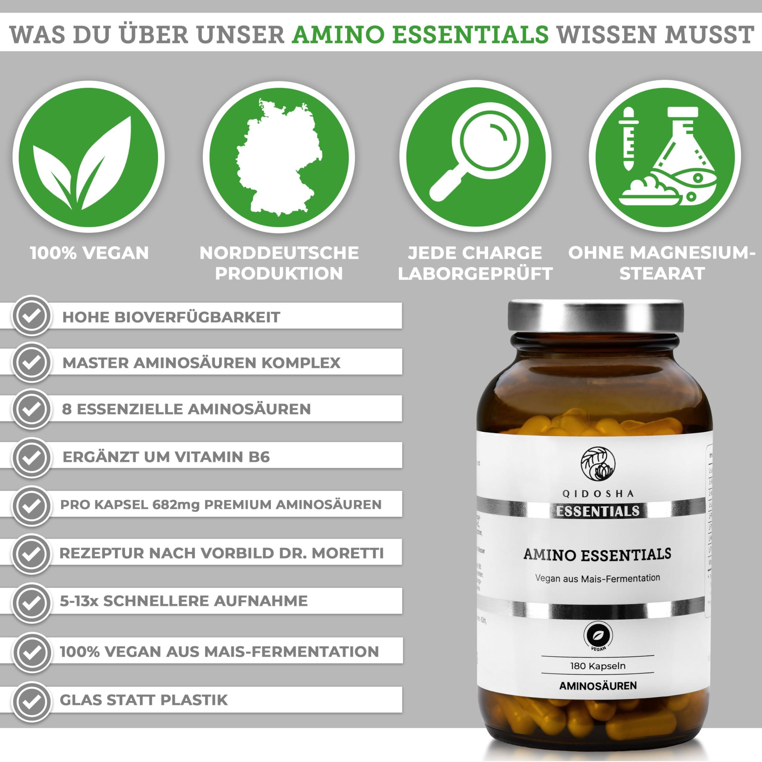 QIDOSHA® Master Aminosäuren Komplex KAPSELN, Rezeptur nach Dr. Moretti, 180 Stk/Glas, mit 99% Netto-Stickstoffverwertung, 8 essenzielle Aminosäuren, 100% vegan, EAA Pattern