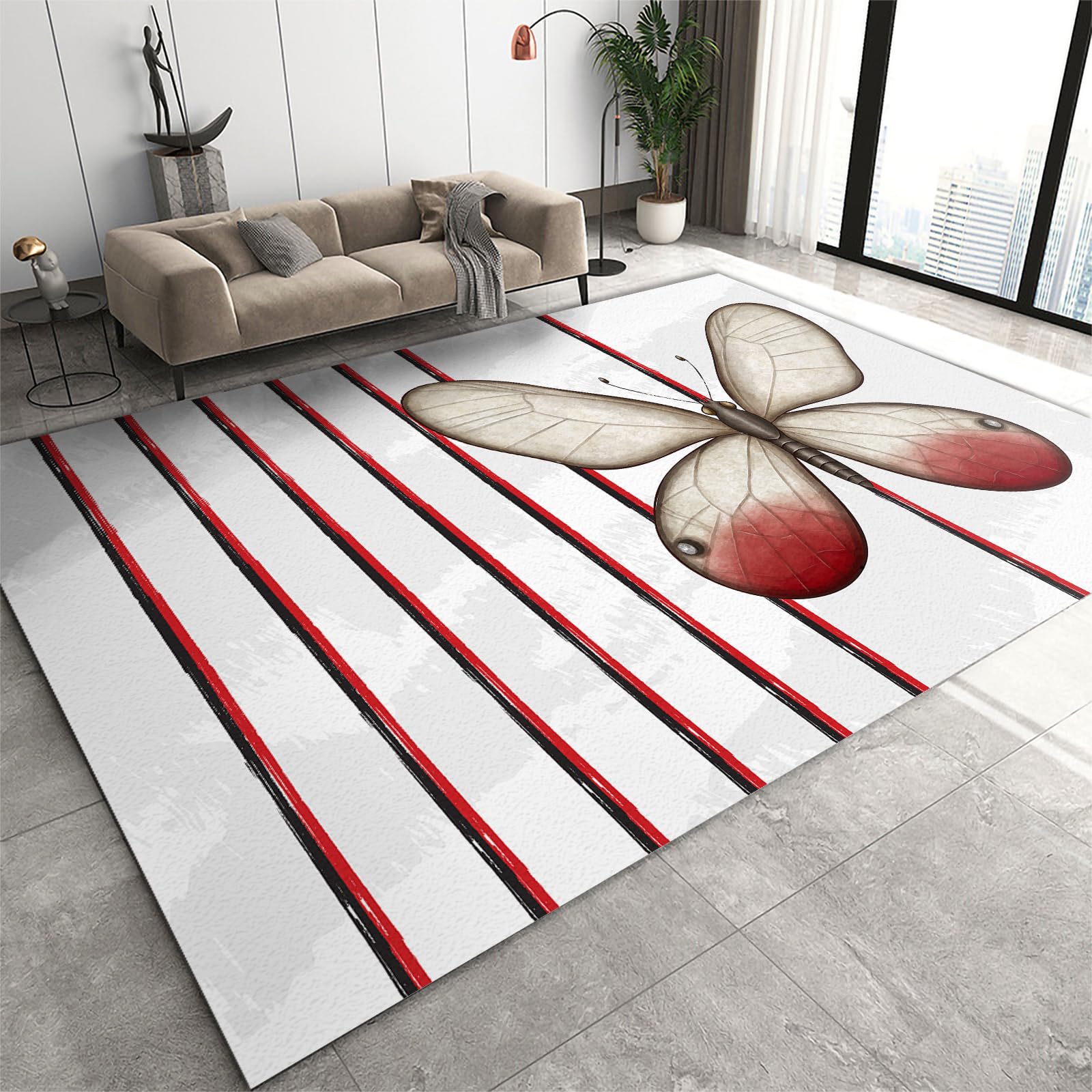 FIEMAR Area Rug 120x170cm Area Rug Living Room Rugs, Butterfly Stripe Print Front Door Decor Rug, Abstract Large Soft Indoor Washable Rug, Neutral Modern Low Pile Carpet for Classroom Bedroom Office