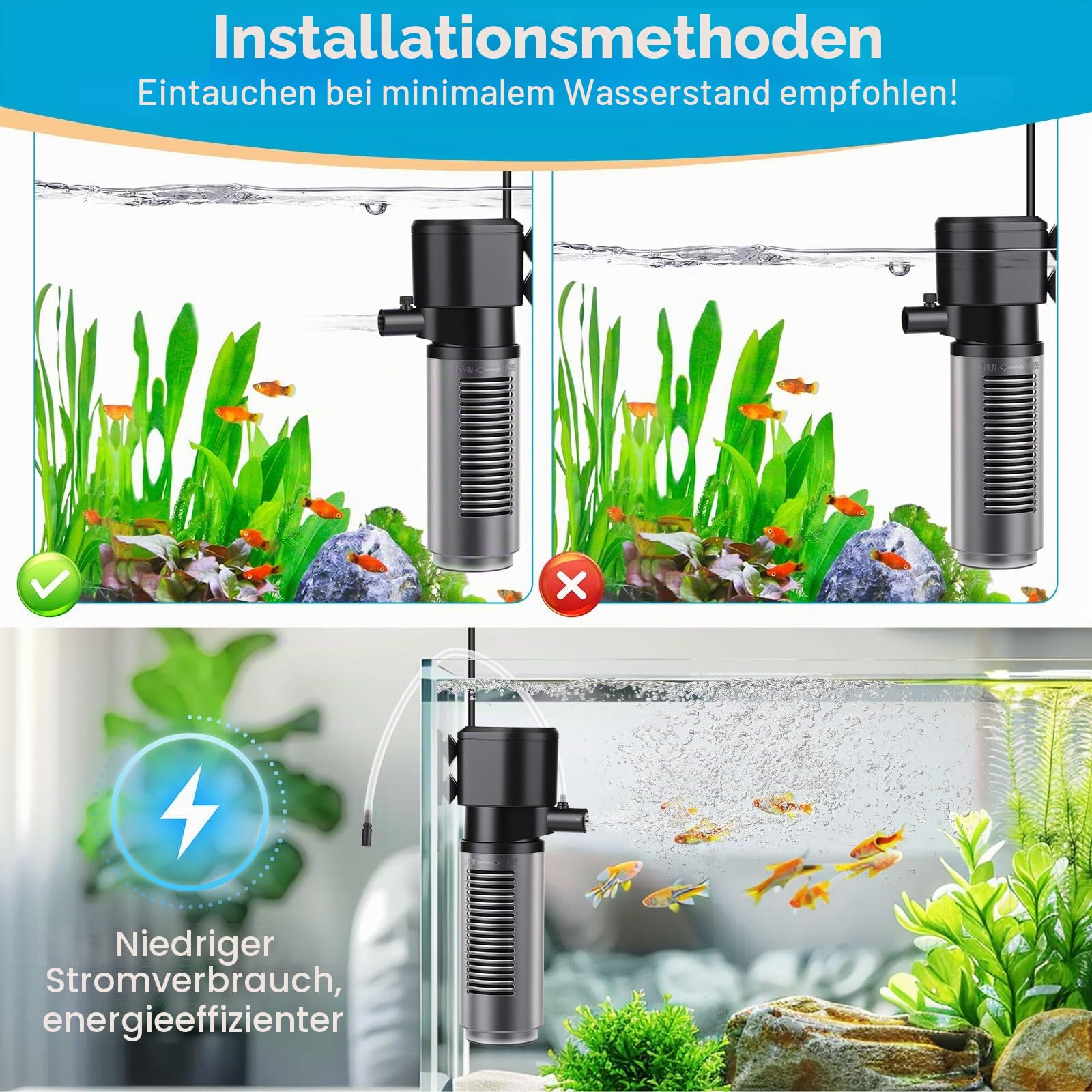 AQQA Aquarium Filter, 360L/H Einstellbarer Aquarium Filterpumpe, 4.5W Leiser Aquariumfilter für kleine Tank bis zu 90L