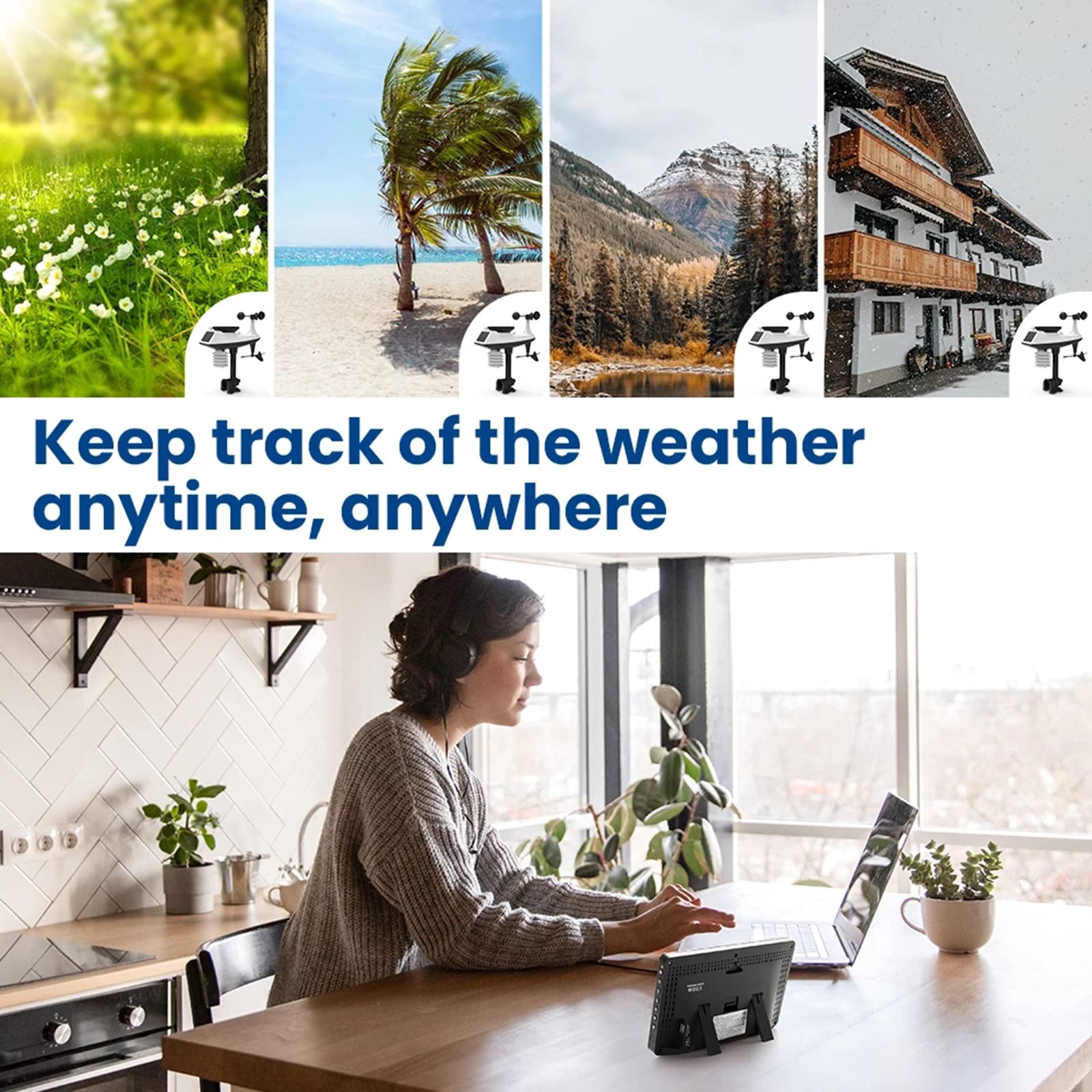 Estación meteorológica Profesional 7 en 1 con aplicación inalámbrica y Sensor para exteriores, termómetro para interiores y exteriores, humedad, velocidad y dirección del Viento, p