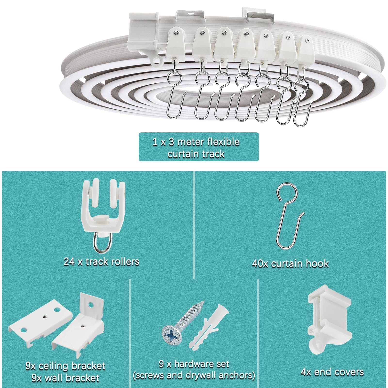 SWTYExt Binario Tenda Soffitto 3m Binario per Tende a Soffitto Flessibile Bianco PVC con Pulegge Silenziose per Separazione Degli Ambienti Camera da Letto Tende Balcone Ufficio Camper