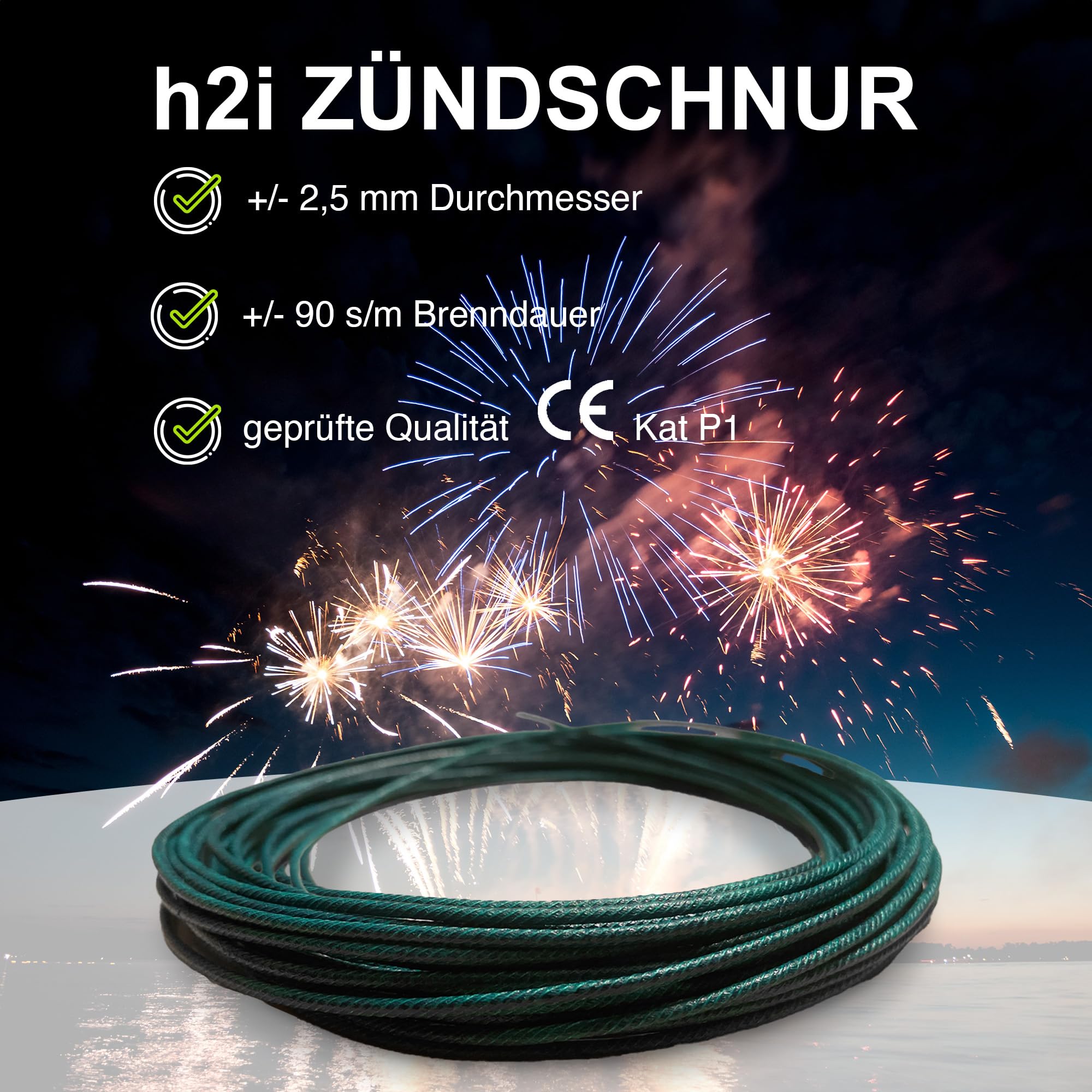h2i Zündschnur | 10 m | Ø 2,0 mm | +/- 90 s/m | Anzündlitze Grüne Visco ideal für Pyrotechnik, Feuerwerk & Outdoor-Effekte | Sicherheit & Zuverlässigkeit | Flexibel zuschneidbar