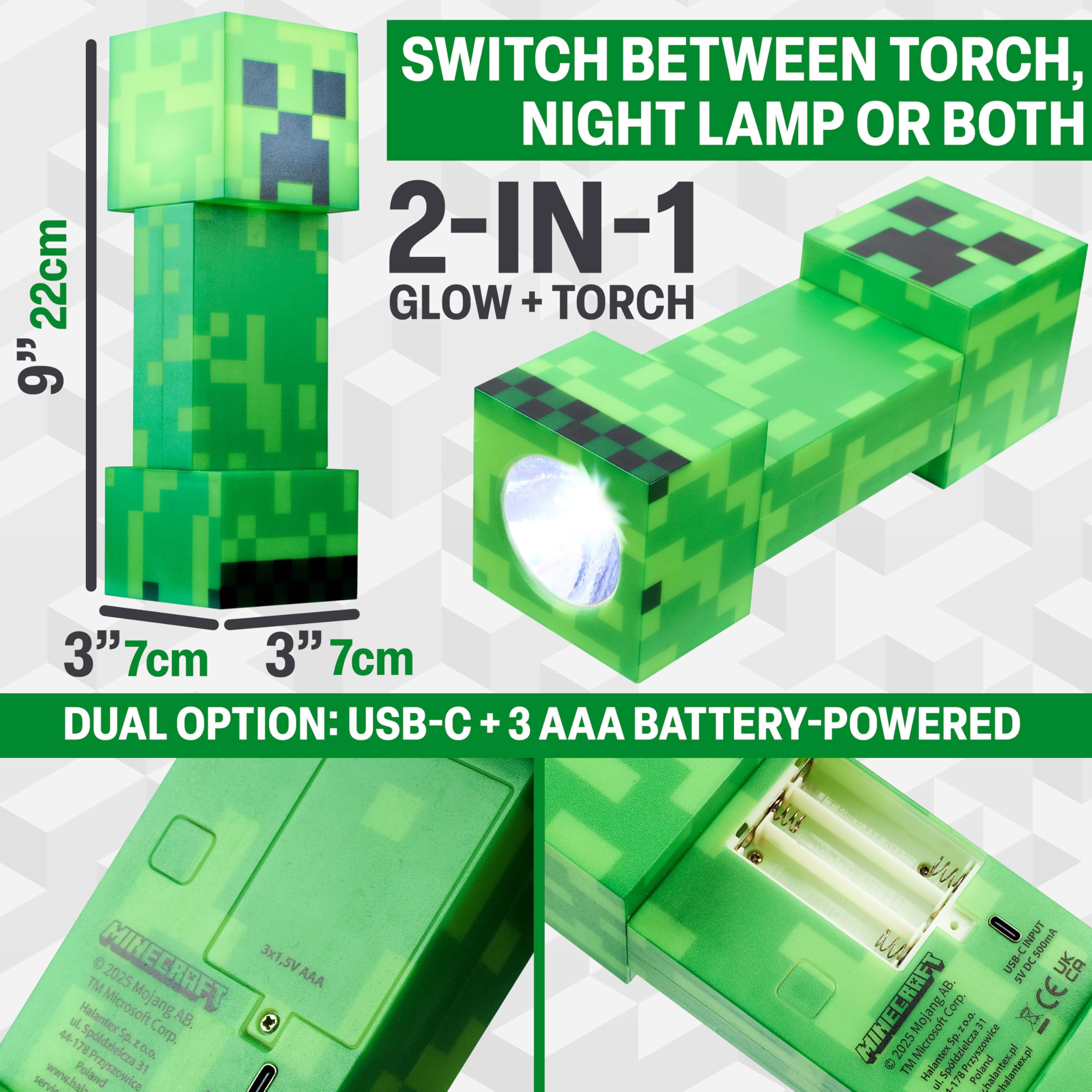 Minecraft Creeper latarka nocna dla dzieci, latarka 2 w 1 i lampa z zasilaniem USB i baterią, dekoracja sypialni, oświetlenie biurkowe, prezenty dla graczy dla chłopców