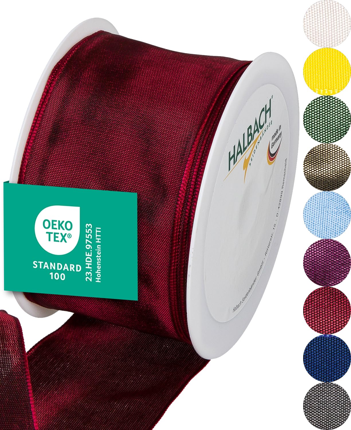 Halbach Seidenbänder Premium Geschenkband mit Drahtkante | Breite 60mm Länge 25m | Öko-Tex 100 zertifiziertes Schleifenband | Taftband Made in Germany, Farbe: dunkelrot