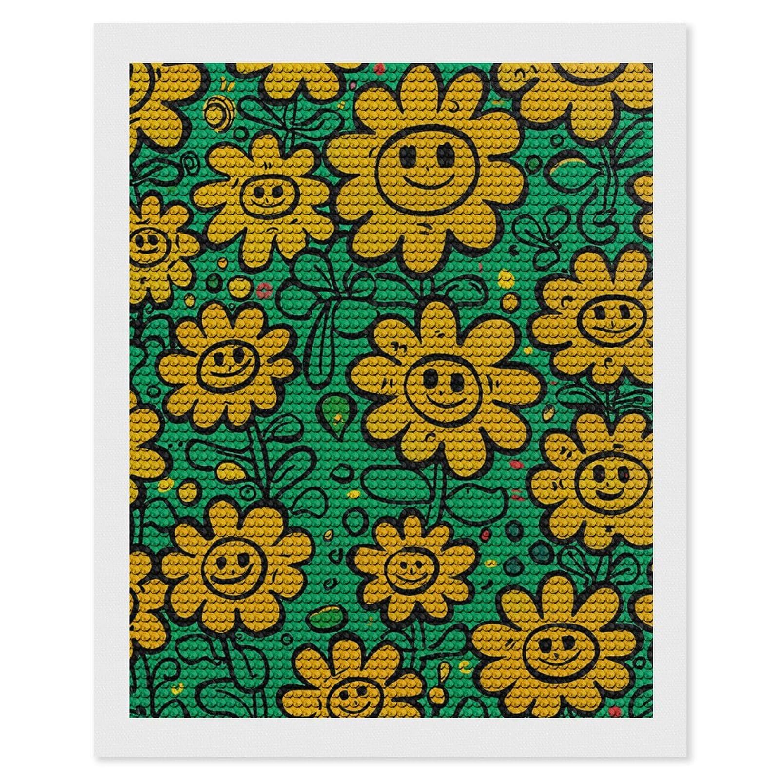 NONHAI Diamond Painting Kits for Adults - DIY Diamond Art Kits for Beginners - Full 5D Paint Drill Diamond Dots Paintings- Yellow Smiley Flowers Diamonds Pictures Gem Art and Craft Wall Decor 16"x20"