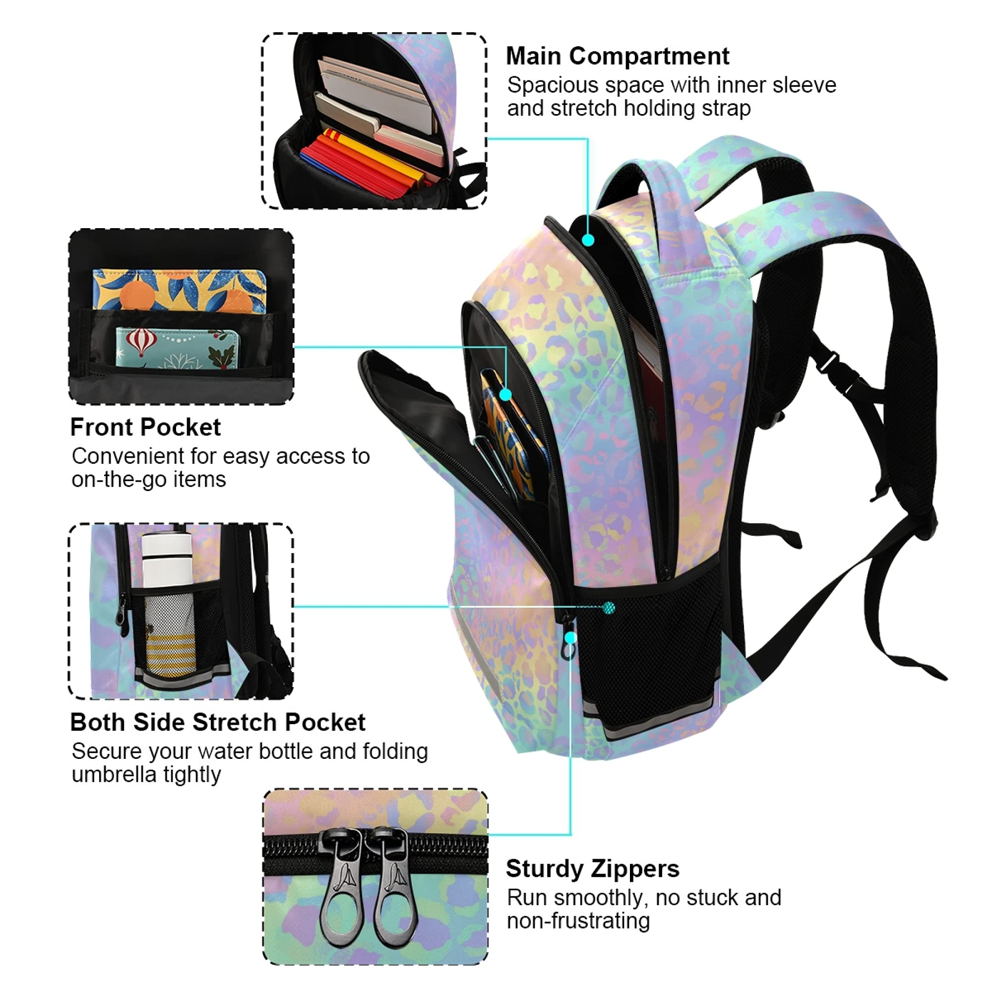 ALAZA Rainbow Leopard Print Backpack - Neon Cheetah School Bag For Boys & Girls, Water Resistant, 11.6x6.9x16.7 Inch
