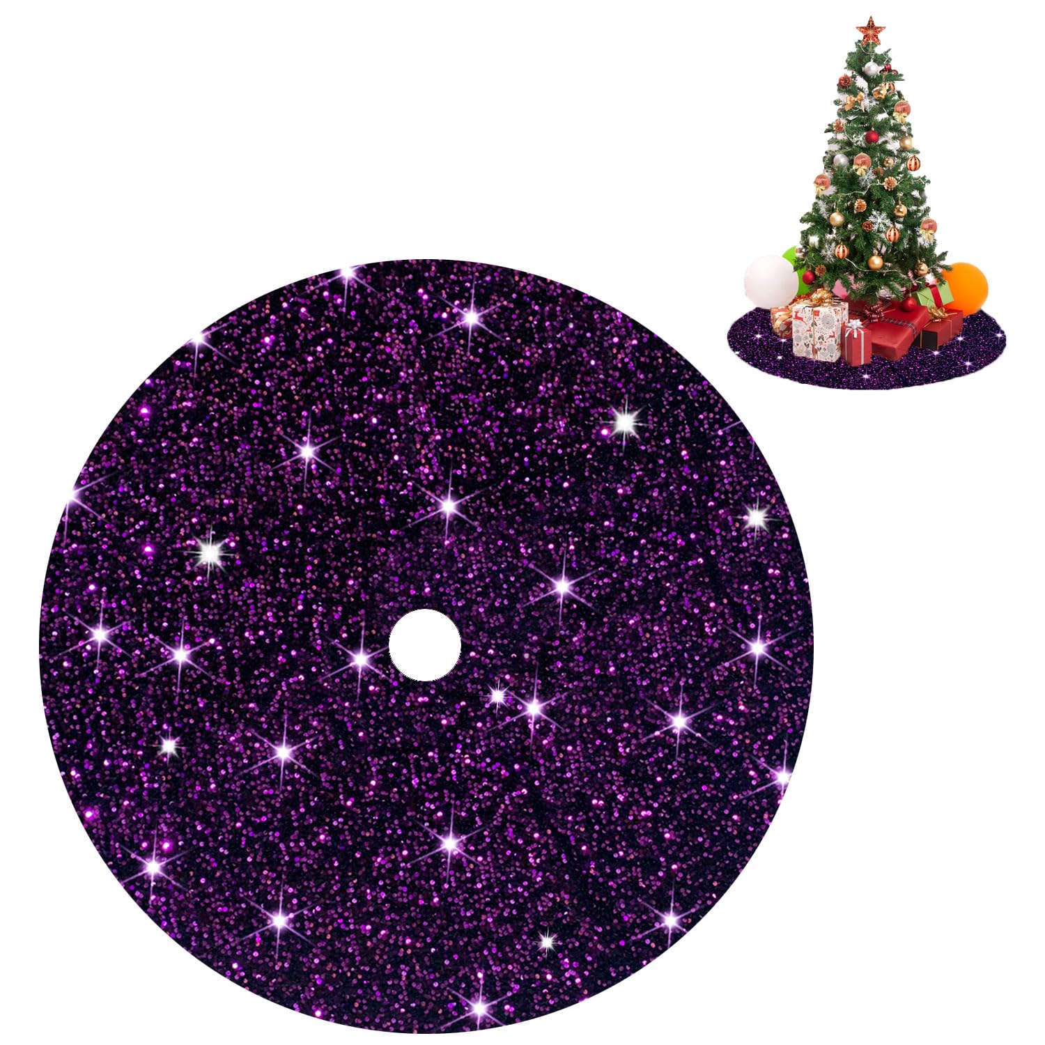 Decorated Xmas Tree Skirt 36 Inch Diameter Purple Sequined Velvet Fabric Decorations Personalized Shimmer Tree Cover Mat Sequin Glitter Tree Skirts for All Occasions Xmas Halloween Tree Decorations