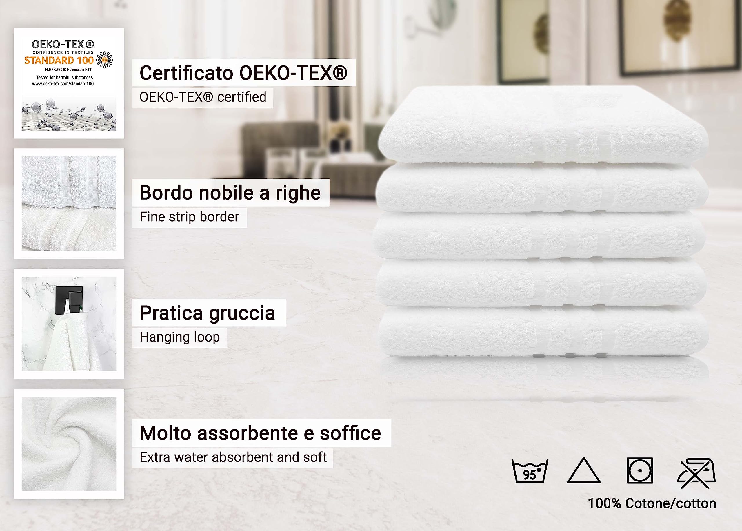 ZOLLNER 5 teli doccia - asciugamani da bagno grandi - spugna - 100% cotone - 100x150 cm - bianco - assorbenti e morbidi