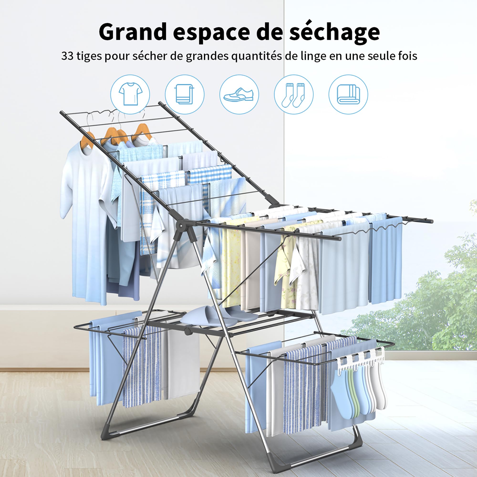 Innotic Étendoir Linge Intérieur Extérieur, Séchoir à Linge Pliable à 2 Niveaux, 4 Ailes Réglables en Hauteur, Tancarville Linge XXL, 33 Barres, Gris