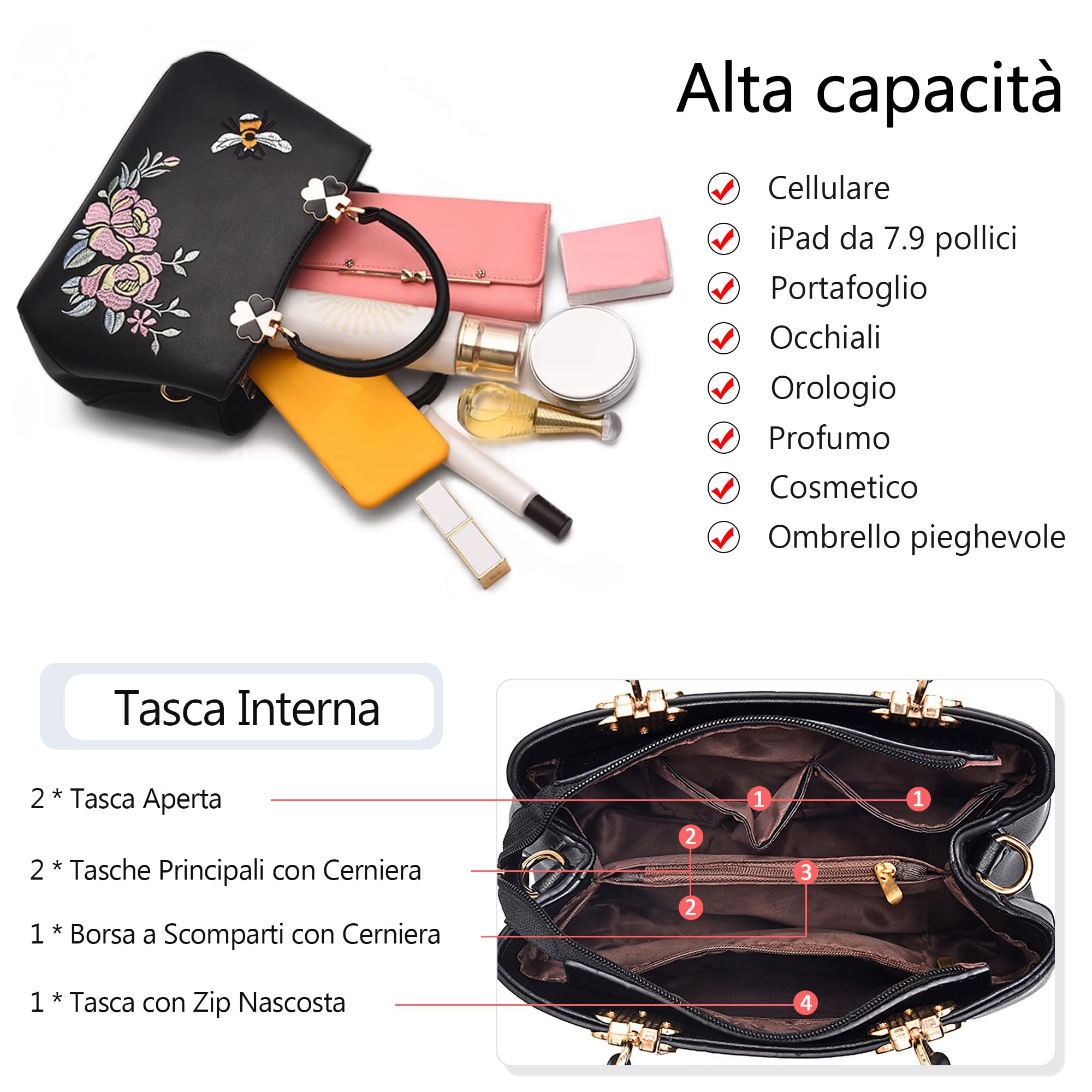Borsa a Mano Piccola Donna Con Ricami Floreali - Elegante Borsetta a Spalla in Pelle PU - Tracolla per Shopping, Lavoro, Incontri - Crossbody Nero C