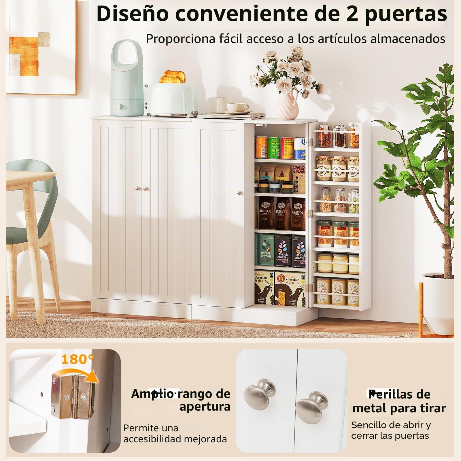 GIANTEX Armario Despensa de Cocina, Aparador de Salón 5 Niveles, 2 Puertas con Especieros, Estantes Ajustables, 59 x 30 x 104 cm, Mueble de Almacenamiento para Comedor, Dormitorio (Blanco)