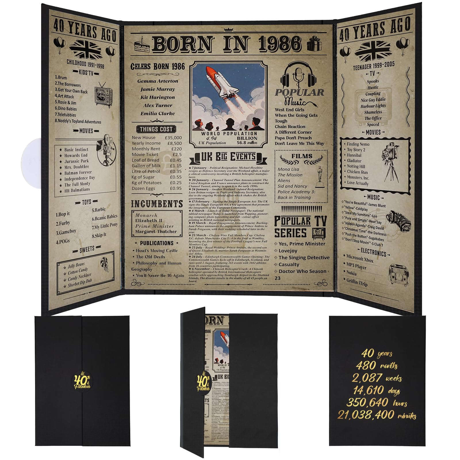 Thboxes Born In 1986 UK Birthday Poster, 40th Birthday Gifts for Men Women Vintage Foldable Born In 1986 Newspaper, Happy 40th Decorations Supplies for 40 Years Old Husband Wife Brother Friends