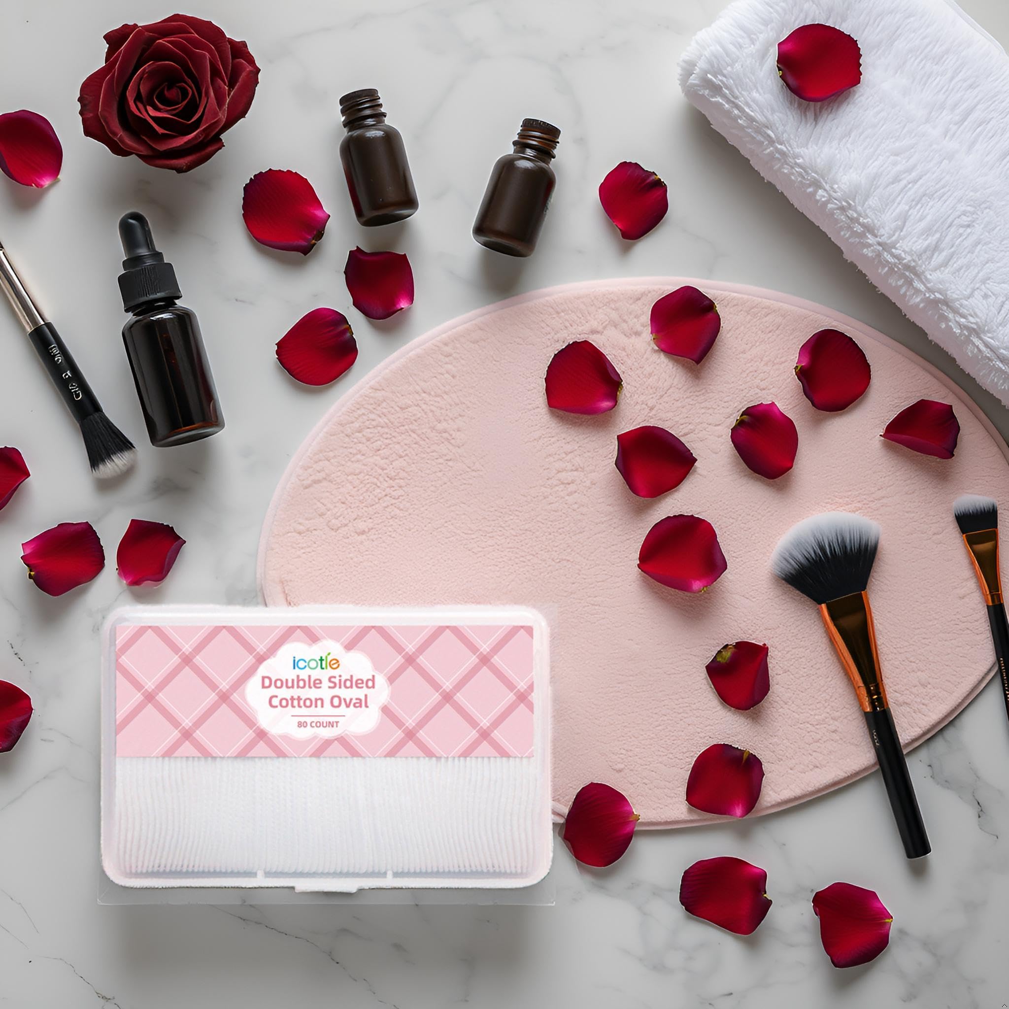 ICOTLE Almohadillas ovaladas grandes de algodón, 80 unidades, multicapa, sin pelusas, de doble cara, almohadillas ovaladas de algodón ultrasuave para eliminación de maquillaje, limpieza y aplicación