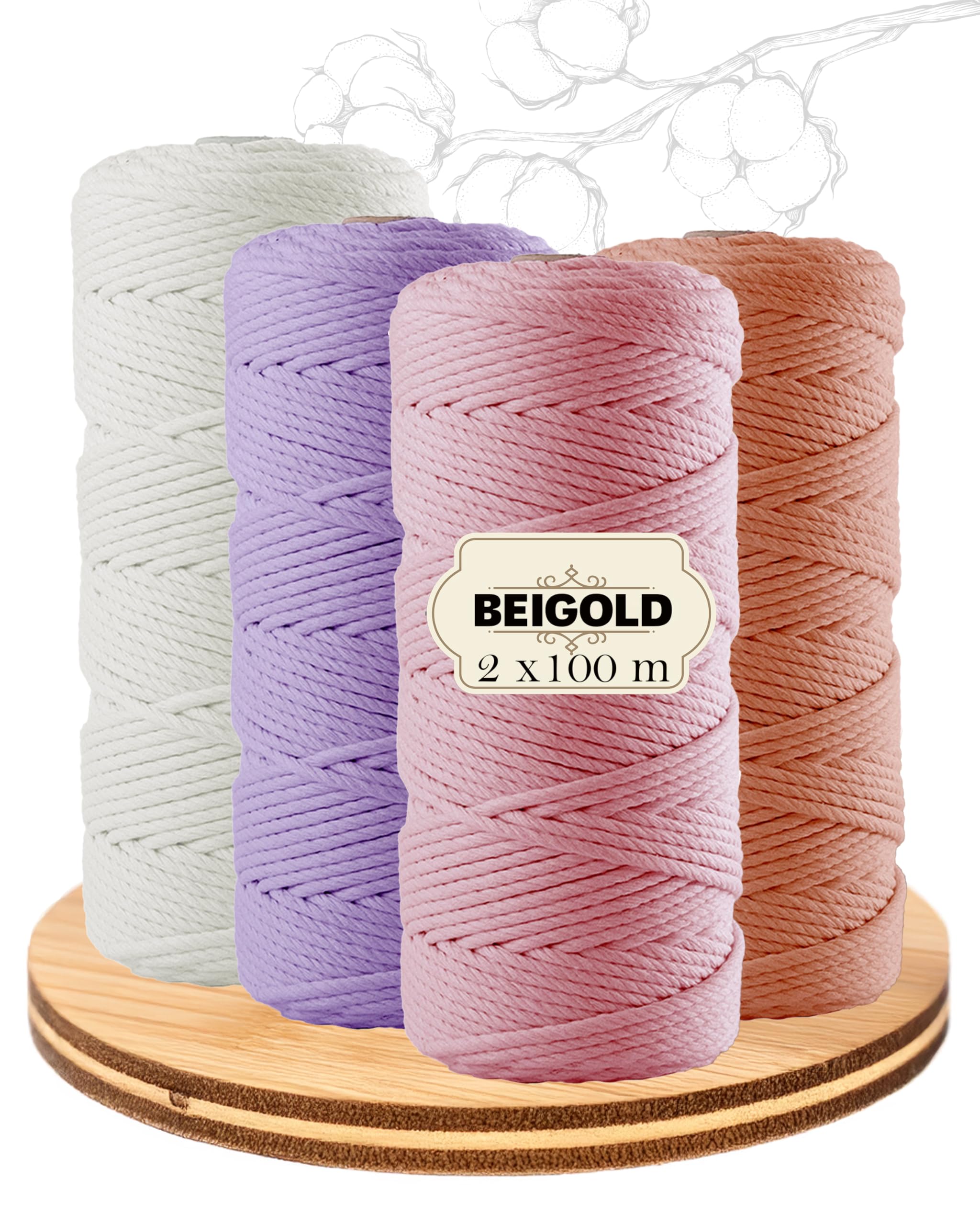 BEIGOLD® Premium Makramee Garn 3mm x 100m - Set Bunt 1 (Natur,Rosa,Lila,Lachs)- Baumwollmischgarn zum Knüpfen von Macrame - Rope Garn - Kunst DIY