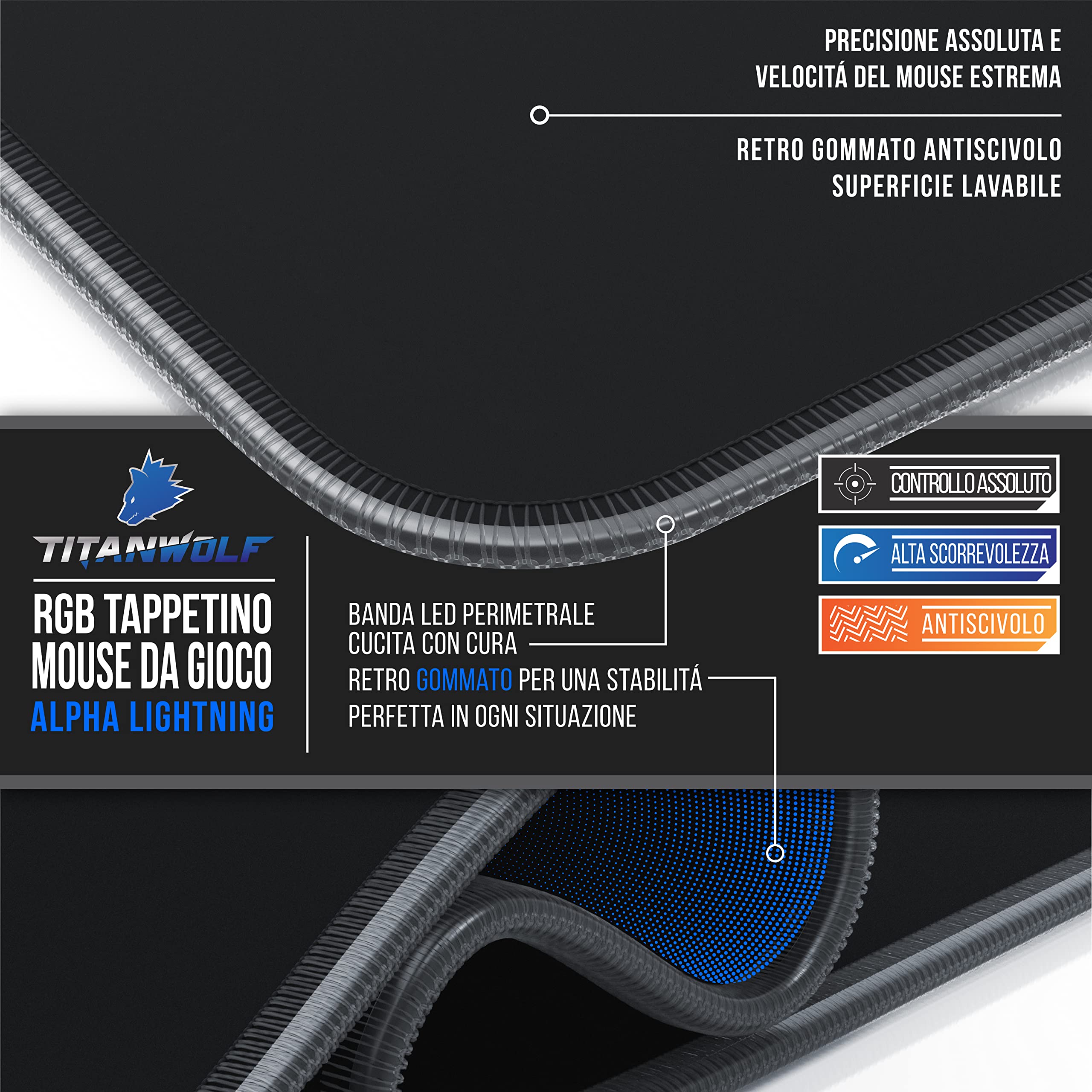 TITANWOLF - New RGB LED Tappetino Mouse Gaming Grande XXXL – 1200x600mm – Mousepad USB - OLED Multi Color - 7 Colori più 4 Effetti – Retro gommato Antiscivolo - New 2022