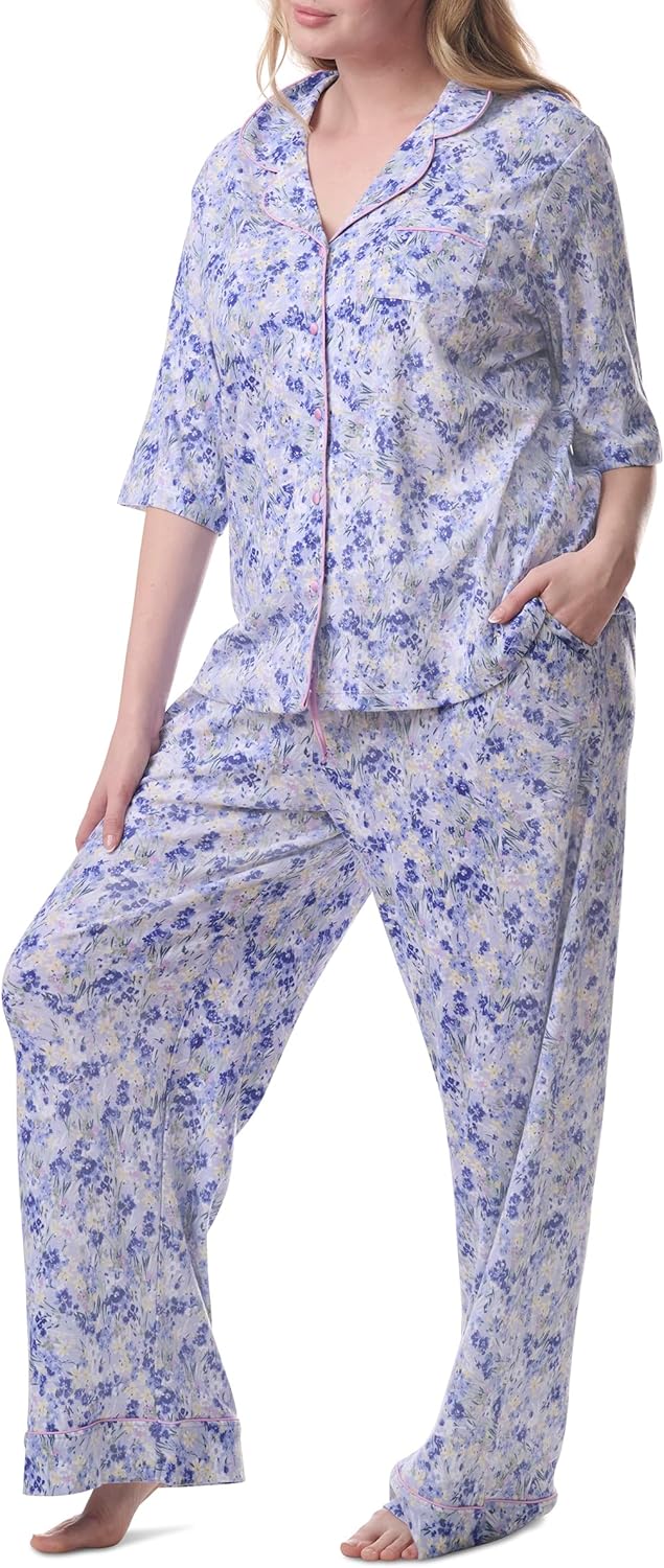Karen Neuburger womens Plus Size Girlfriend Notch Collar Elbow Length Sleeve Top and Pant Bottom Pajama Set - Image 2
