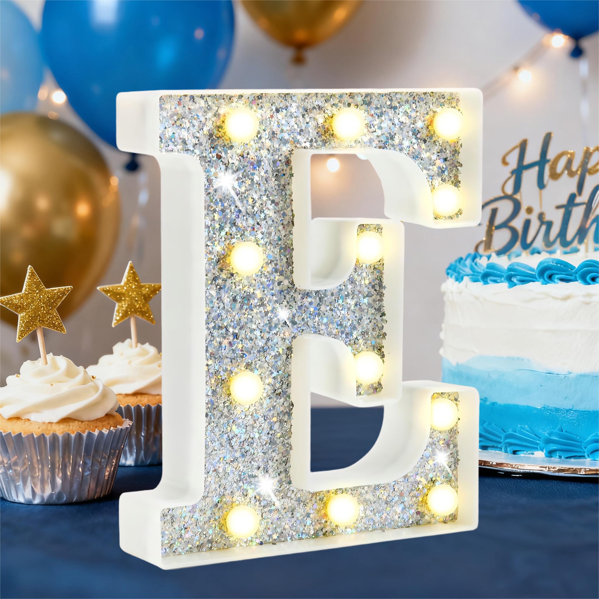 – LED Marquee Letter Lights, Light Up Silver Letters for Bedroom Glitter Gifts for Teenage Girls Alphabet Letter Sign Battery Powered Night Light Birthday Party Wedding Home Decoration, Silver Letter E