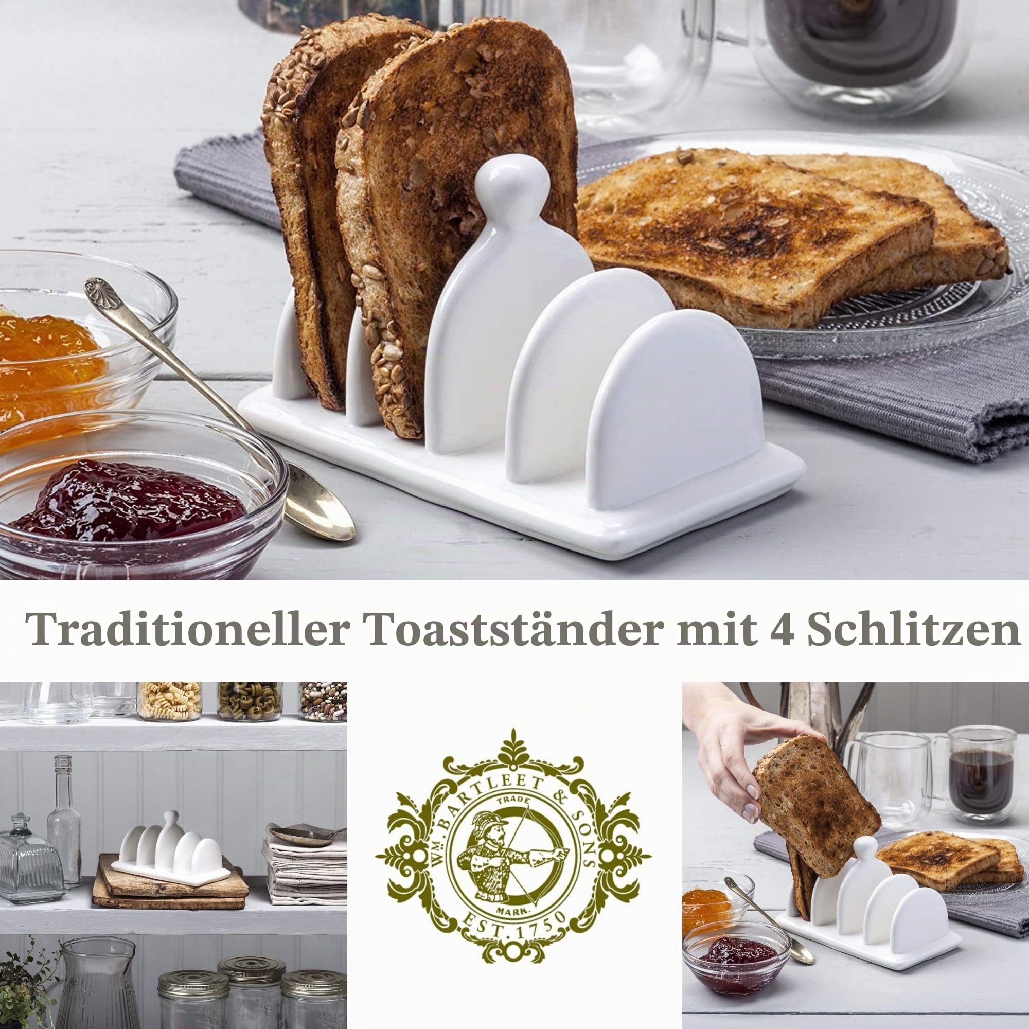 WM Bartleet & Sons 1750 Traditionelles Toastregal aus Porzellan mit 4 Schlitzen, mit Tragegriff/Knauf, Weiß, Einheitsgröße
