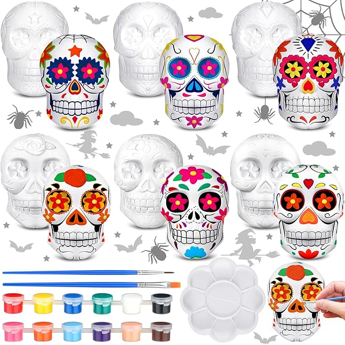 CroBlissful 6 Sets Halloween Skull Ceramic to Paint Ready to Paint Your Own Sugar Skull Figurines Unpainted Plaster Arts and Crafts with Brush Palette for Adults Halloween and Day of The Dead Decor