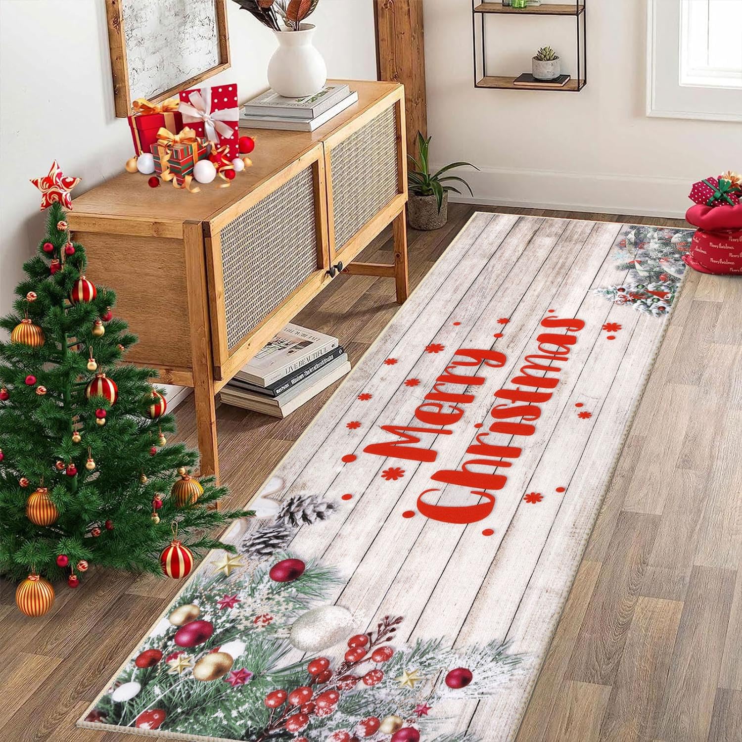 SHACOS Navidad Felpudo Pasillo Larga, 60x180cm Alfombra de Pasillo Cocina Antideslizante Alfombra Corredor Suave Alfombra Puerta Entrada Decorativa para Decoración Navideña Hogar