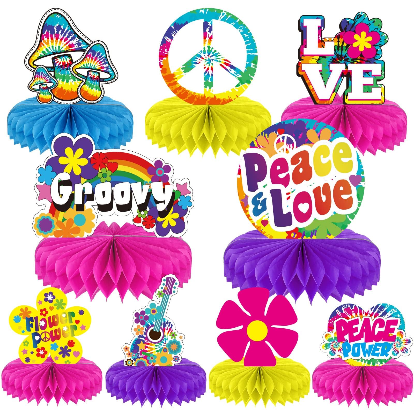 Tevxj 60's Hippie Party Honeycomb Centerpieces 70's Themed Party Supplies Table Decor Tie Dye Table Topper 9 Pieces Great for Birthday Baby Shower