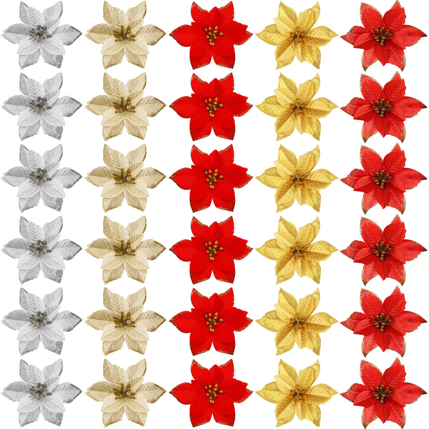 WILLBOND Glitter Christmas Tree Ornaments Artificial Wedding Christmas Poinsettia Flowers for Christmas Flowers Tree Wreaths Decor Ornament (30, Color Set 1)