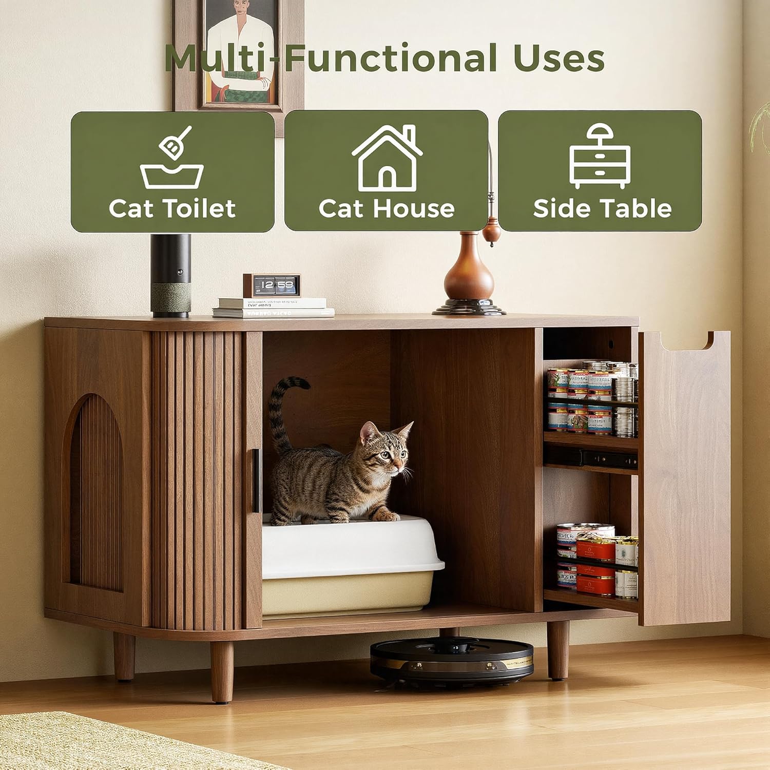 Image illustrating the multi-functional uses of the IRONCK Cat Litter Box Enclosure as a cat toilet, cat house, and side table.
