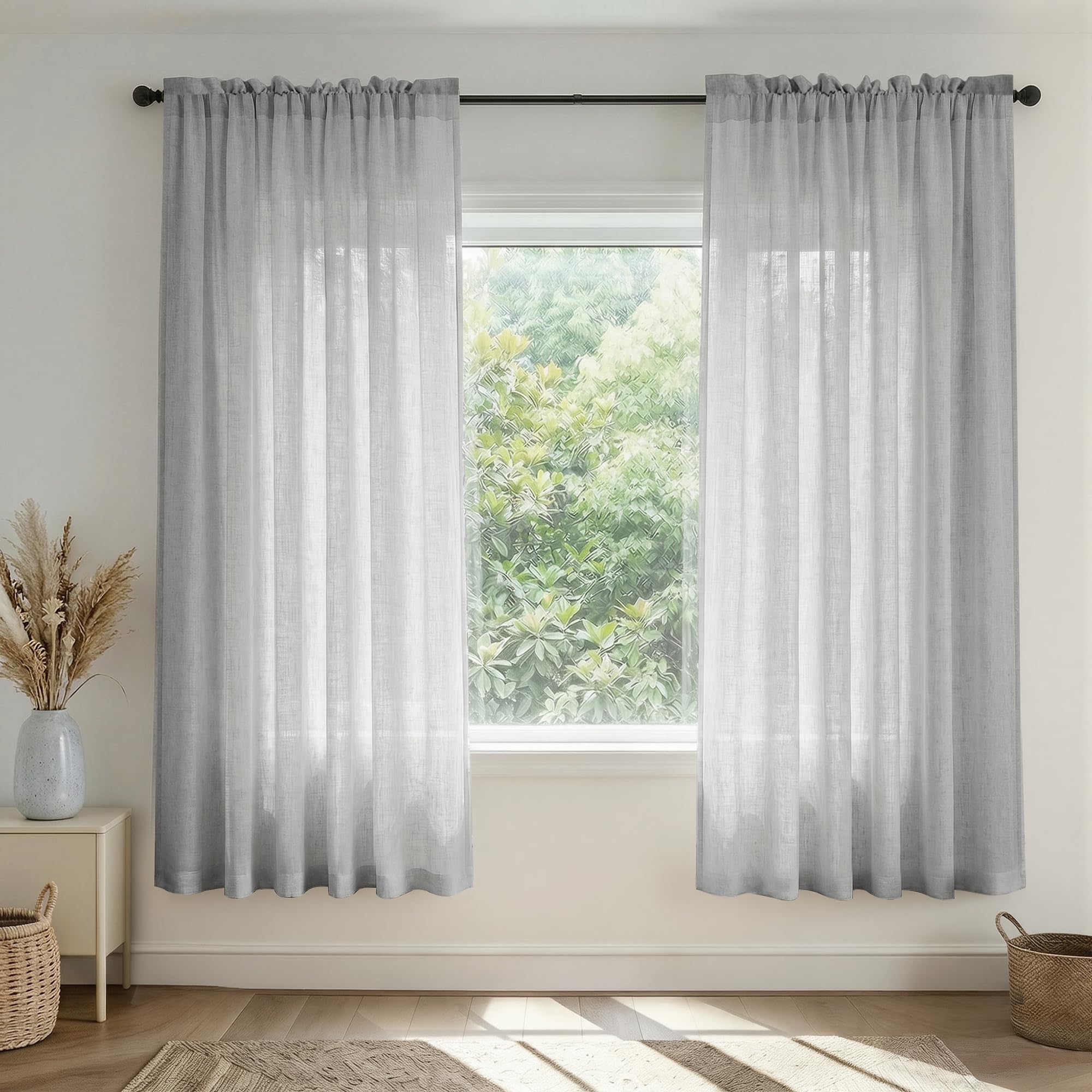 Grey Living Room Curtains for Windows Dressing 72 Inch Length 2 Panel Sets Rod Pocket Light Filtering Casual Cotton Look Semi Sheer Linen Light Gray Curtain Draperies for Patio Door 52x72 Inches Long — image 1