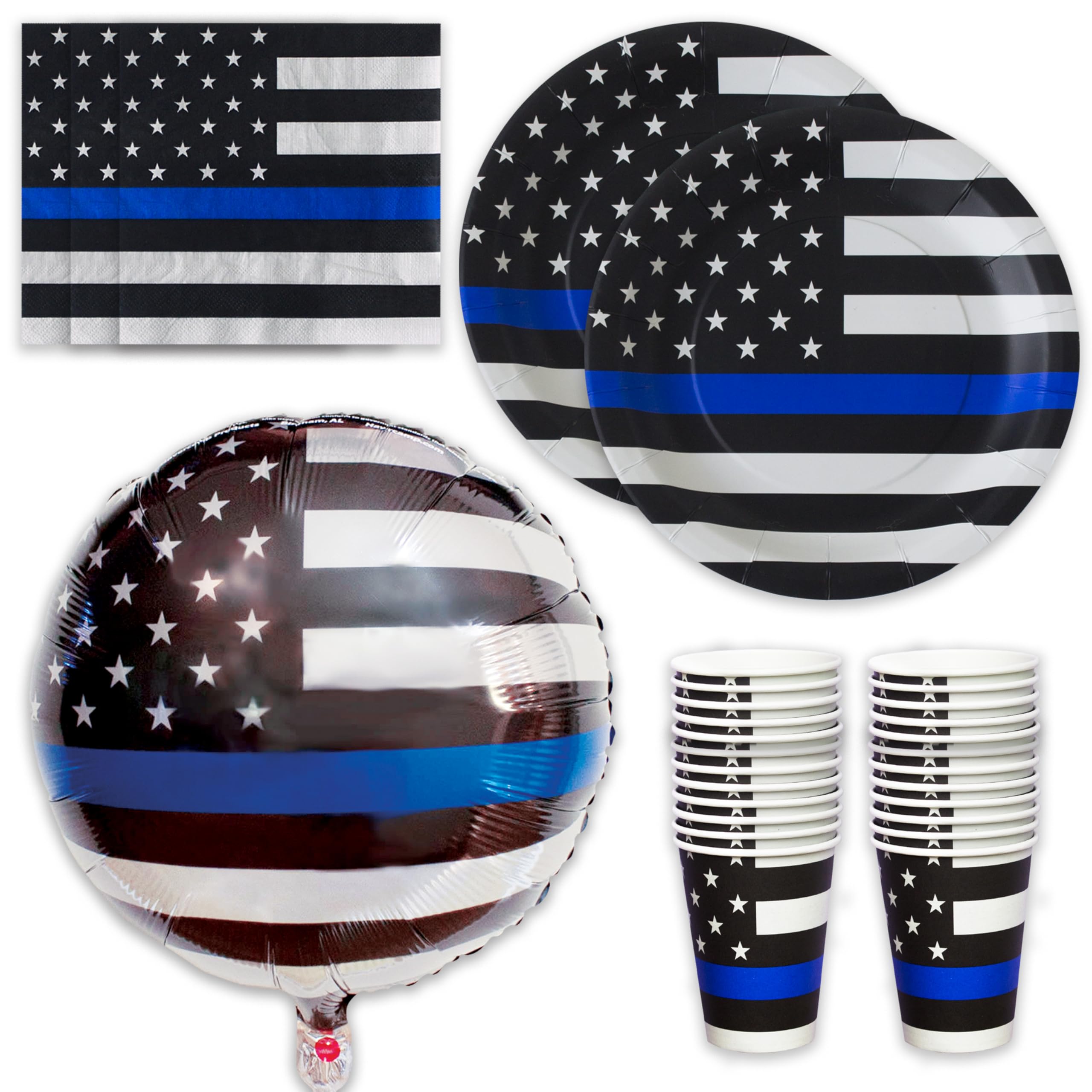 Havercamp Police-Thin Blue Line Party for 16 guests! includes 16 ea. Lg. 9” Plates, Napkins and Cups and 1 - 18” Mylar Balloon in the Official Thin Blue Line Flag Pattern.