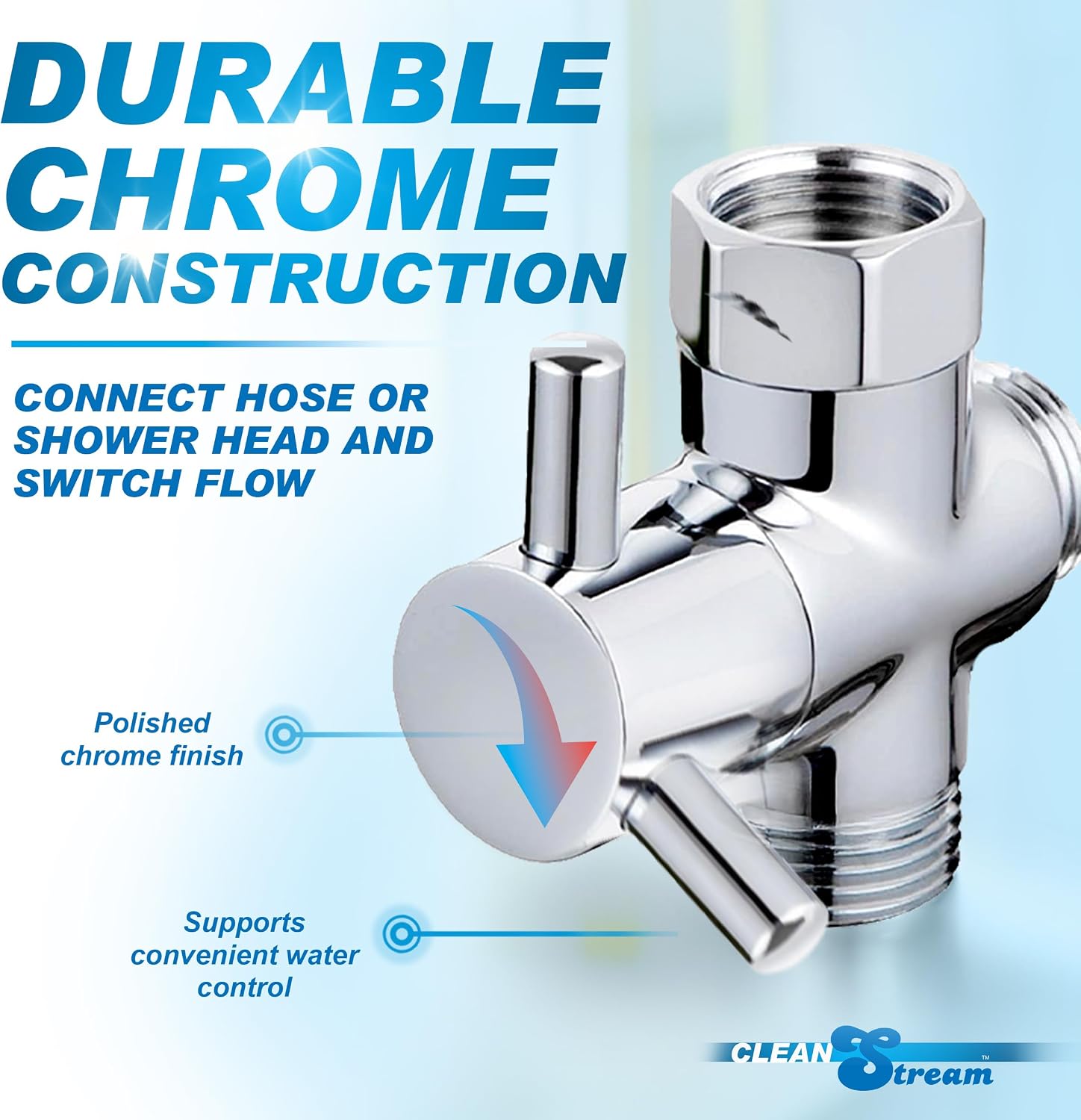 CleanStream Diverter Switch Shower Valve – Universal Shower Arm Diverter for Handheld & Fixed Shower Heads – Polished Chrome Flow Control Adapter