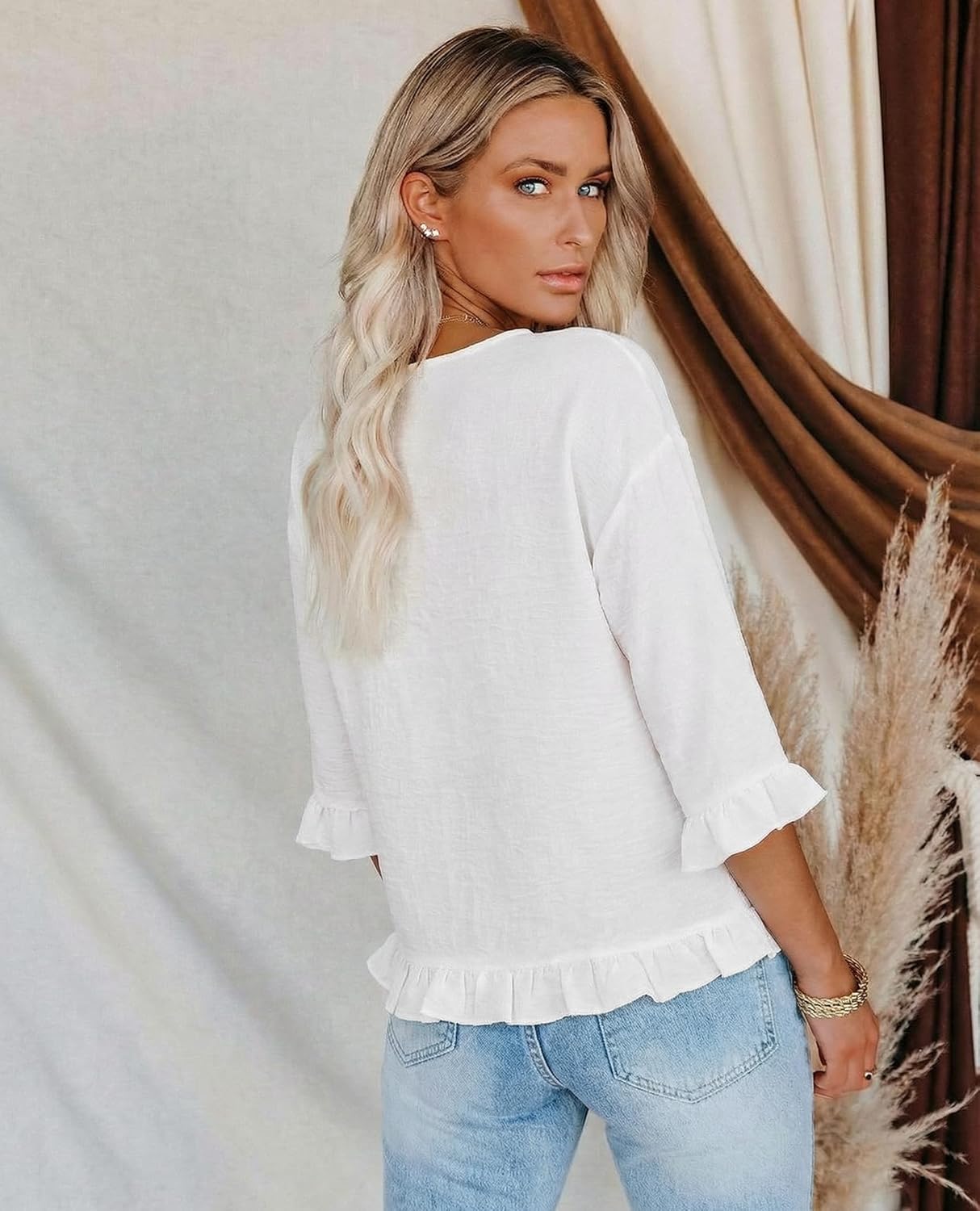 siliteelon Womens 3/4 Sleeve Tops Summer Tshirts Ruffle Flowy Crew Neck Dressy Casual Blouses 2026 Trendy Cute Work Outfits - Image 2