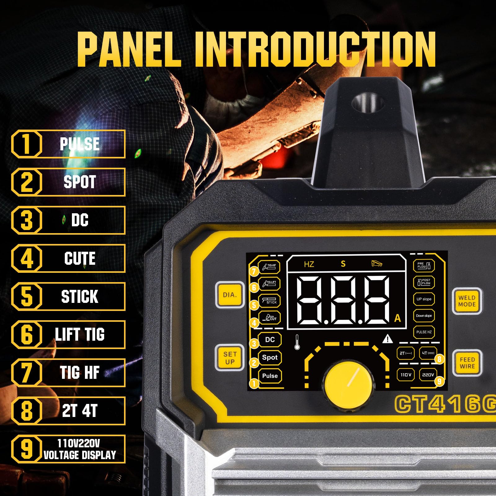 Plasma Cutter Welder Combo, (HF) TIG/Pulse TIG/Lift TIG/Spot/Stick/CUT 6 in 1 Multi-processo Saldatrice, 110V/220V Dual Voltage TIG Saldatrice con ampio display a LED Controllo sinergico
