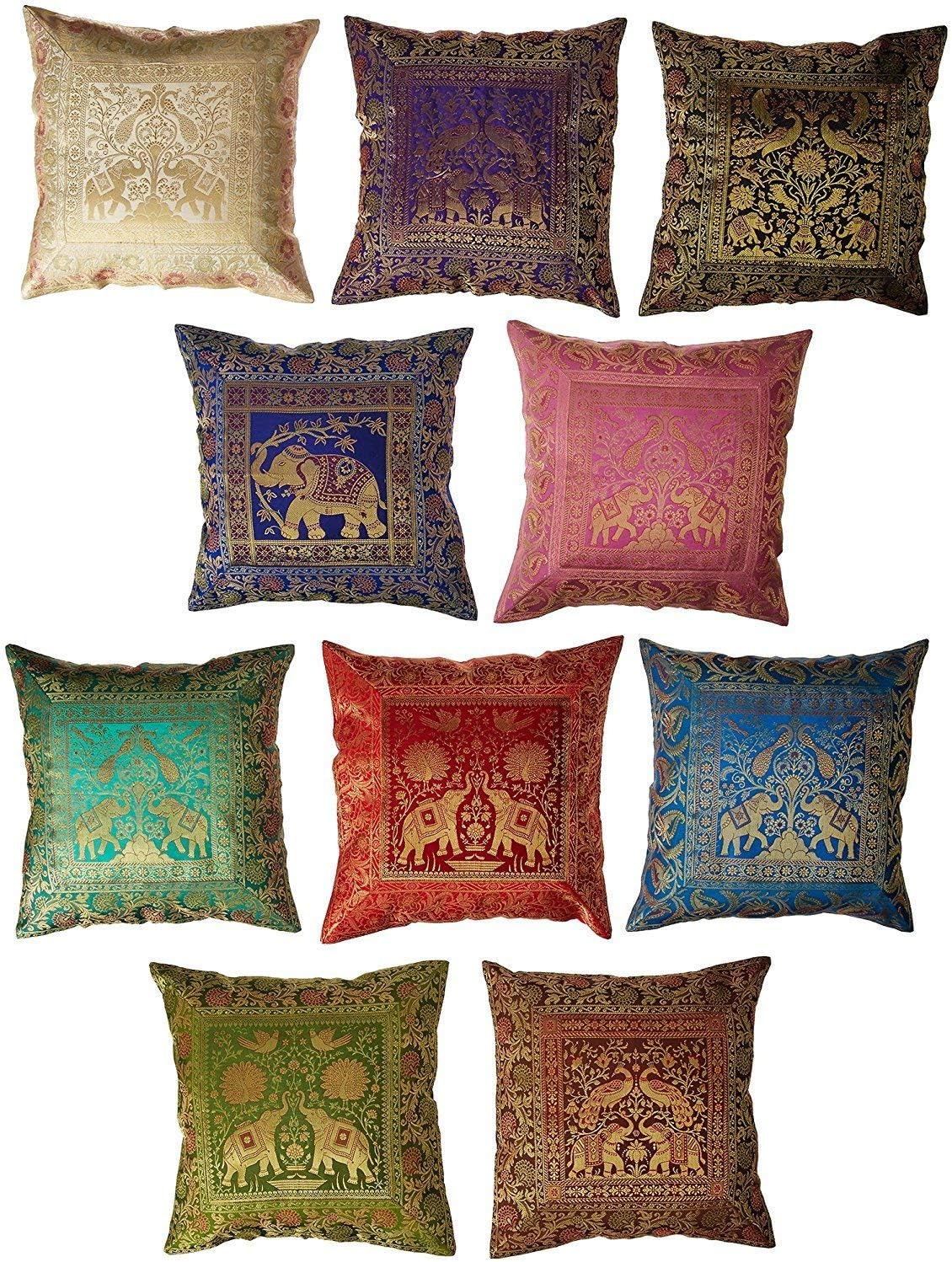Indian Set Of 10 16X16 Inch (41X41 Cm) Elephant Banarsi Silk Indian Ethnic Bohemian Decorative Cushion Cover Handcrafted Patchwork Sari Throw Pillow Boho Decor Cushion Covers For Gift
