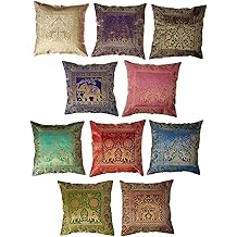 印度套装 10 件套 16X16 英寸(41X41 厘米）大象巴纳西丝绸印度裔波西米亚装饰垫套手工拼布纱丽投枕波西米亚装饰垫套送礼