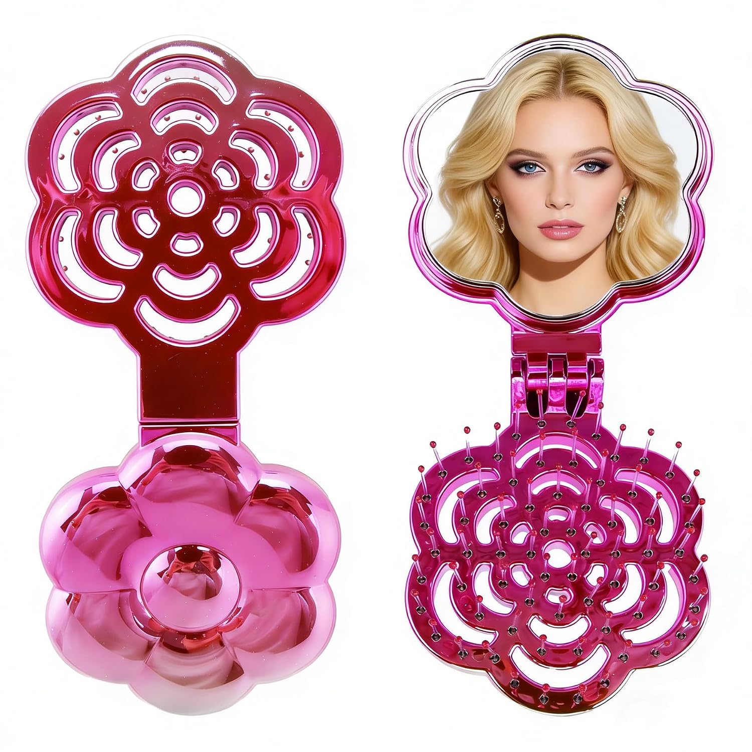 2 in 1 Mini Foldable Detangling Hair Brush with Mirror UV Shining Hot Pink Travel Folding Comb for Curly Women Hairstyles (hot pink, 1 Pack,Flower)