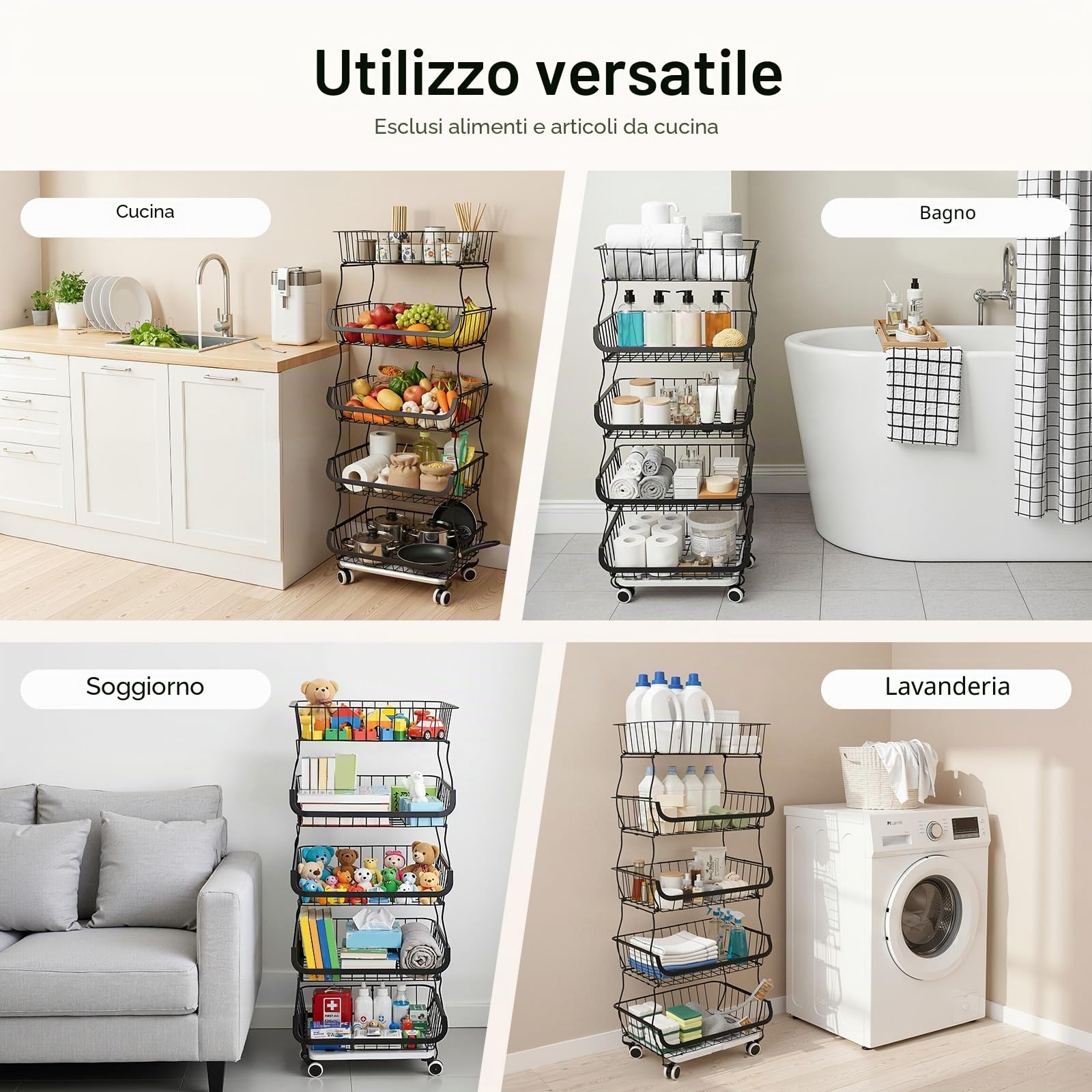 Scaffale da cucina a 5 ripiani, con ruote, cestino per frutta e verdura, impilabile in filo metallico con ruote, cestino per prodotti per scaffalatura, carrello per dispensa, carrello per