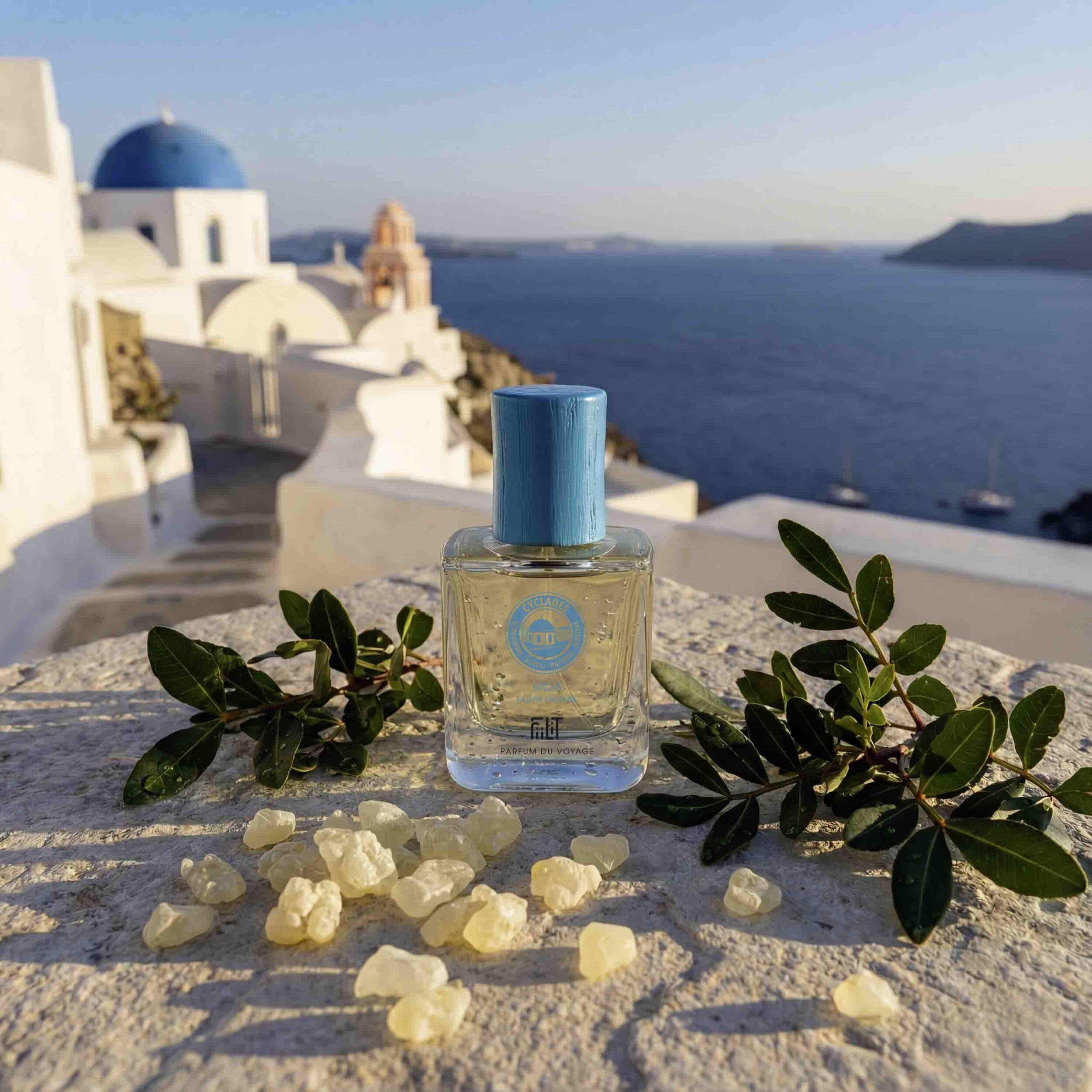 IRIDA CYCLADES naturalna woda perfumowana 50 mL - FiiLiT perfumy podróżne - mieszane - dla kobiet i mężczyzn - Butelka do wielokrotnego napełniania - Bergamotka mastic Papirus Aromatyczny drewno bursztynowe