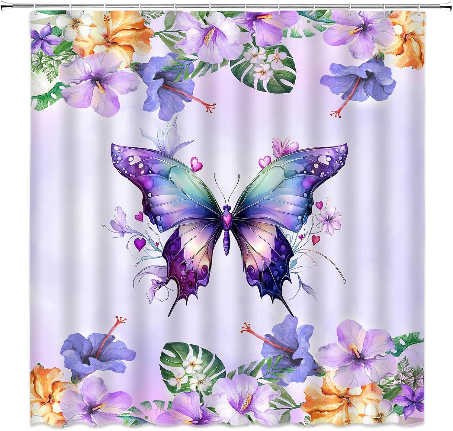 Flower Butterfly Shower Curtain Purple Butterfly Spring Lavender Lilac Floral Watercolor Home Fabric Bathroom Decor Set Include Hooks,(70" Wx74.8 H)