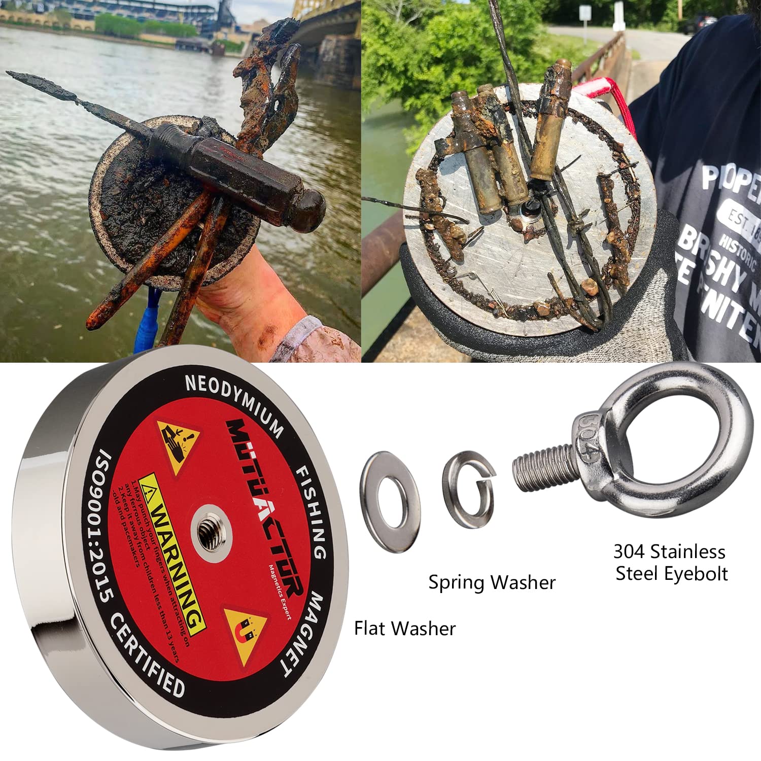 MUTUACTOR Magnete da pesca al neodimio Pull-Force da 510kg, potente magnete di richiamo N52 con corda resistente 15 m,guanti e borsa per il trasporto,magnete magnetico robusto per la caccia al tesoro