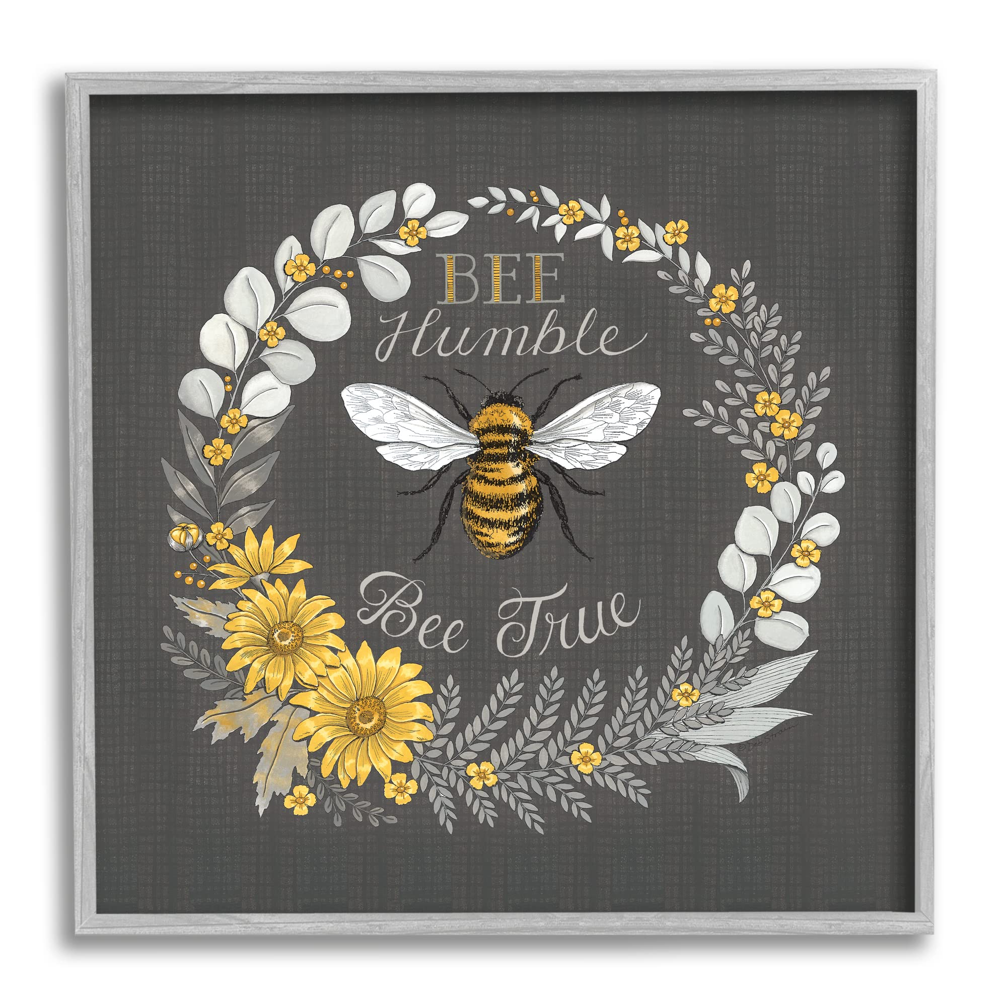 Stupell Industries Bee Humble Be True Phrase Vintage Yellow Florals Grey Framed Wall Art, 24 x 24