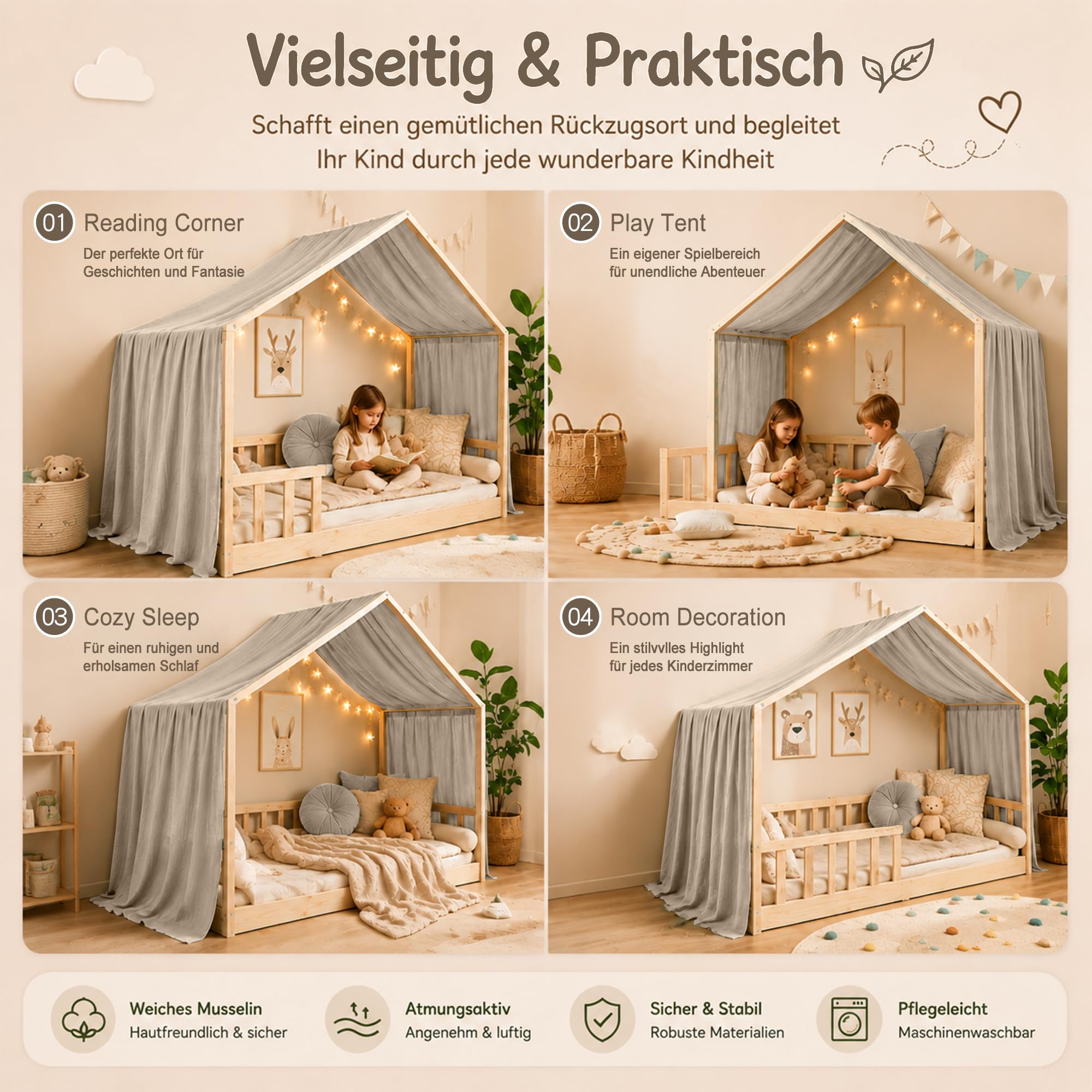 Hook Hausbett Himmel Deko Set, Betthimmel Hausbett aus Musselin - 1 Betthimmel & 1 Wimpelkette, für Jungen Mädchen Deko für Kinderzimmer, Baldachin Kinderzimmer Deko I 135 x 360cm Hellbeige