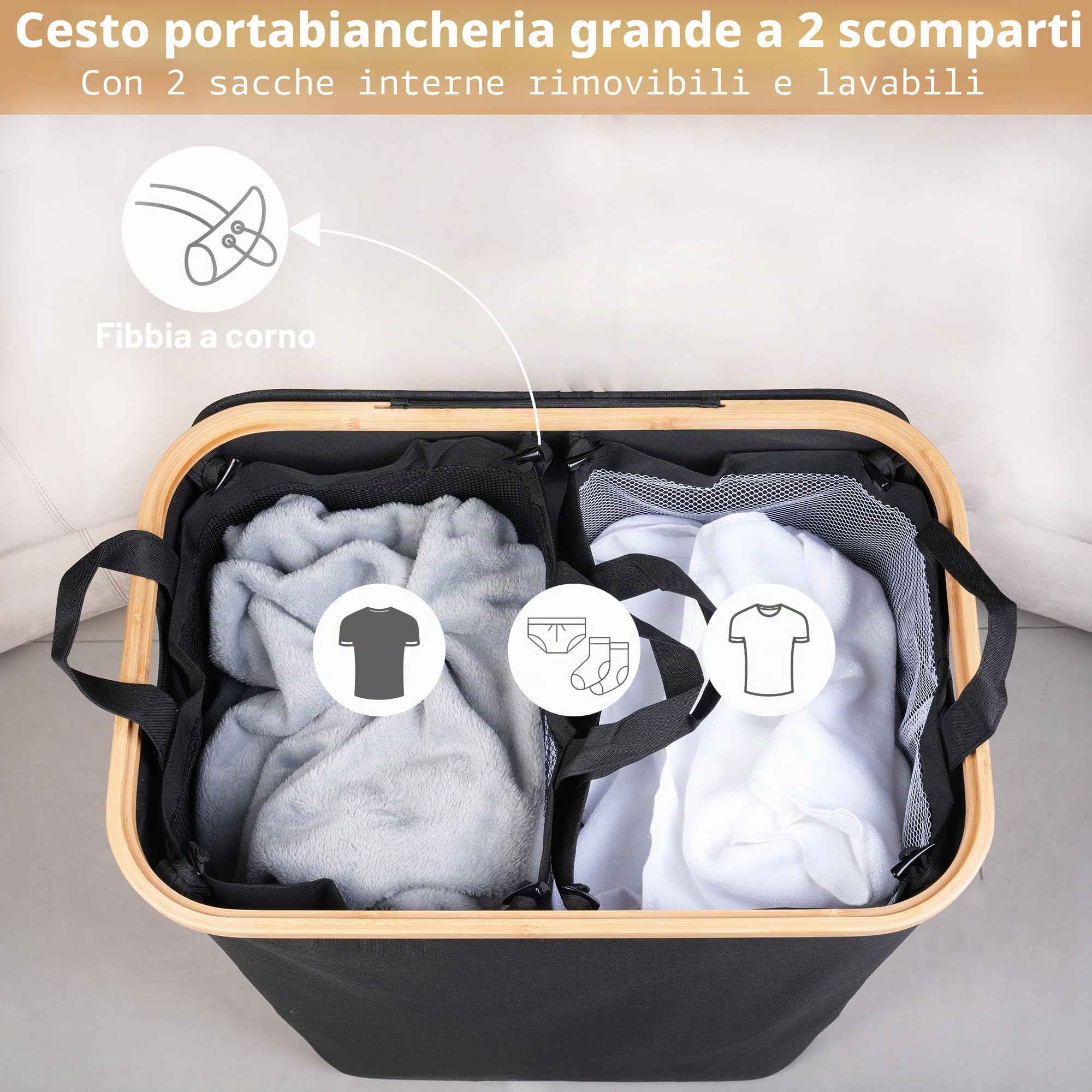 iEGrow Grande cesto portabiancheria con coperchio, 150 l, doppio cesto portabiancheria con sacchetti interni rimovibili e lavabili, 2 scomparti, pieghevole, per vestiti, giocattoli, asciugamani (nero)