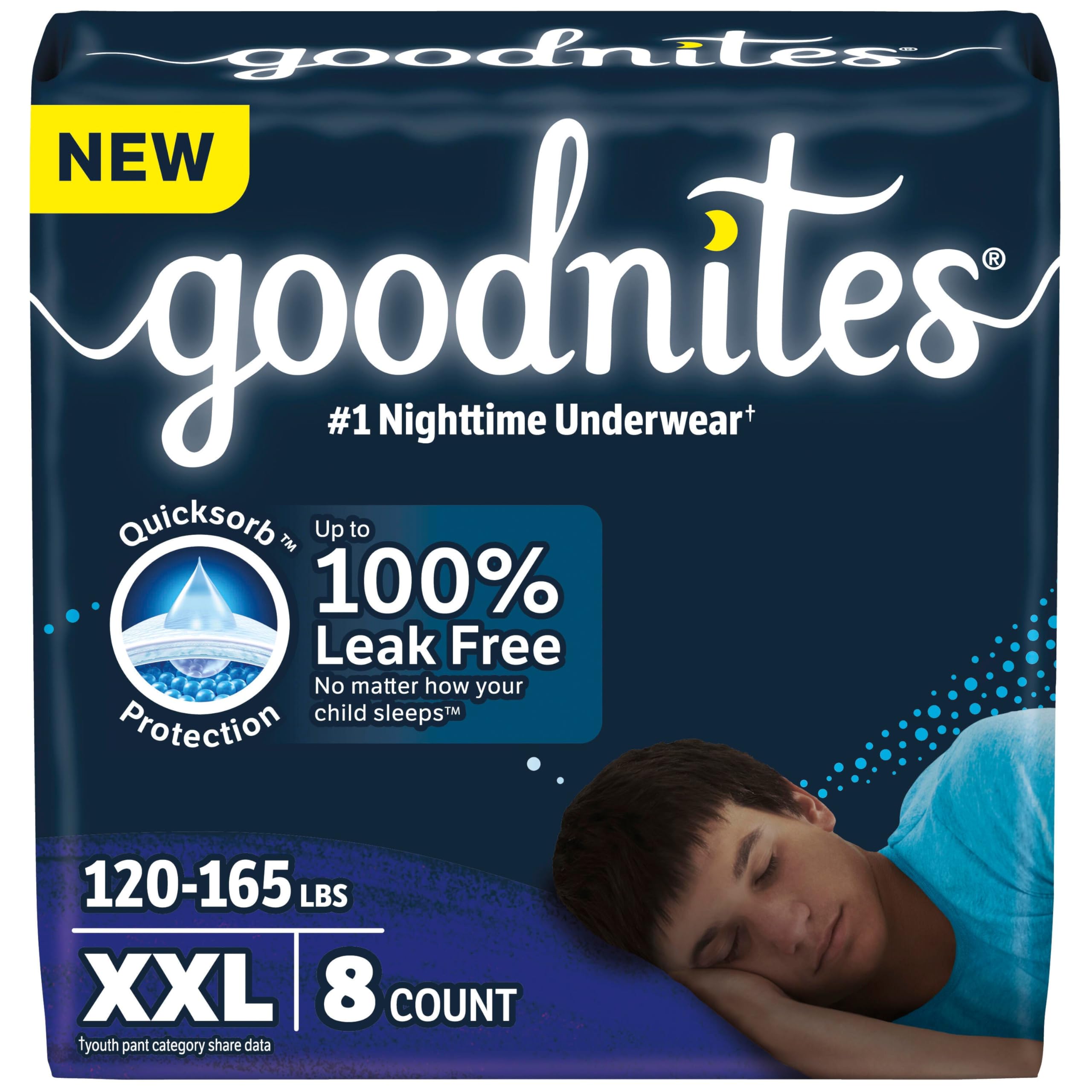 Goodnites Boys' Nighttime Underwear, Size XXL (120-165+ lbs), 8 Ct, Packaging May Vary